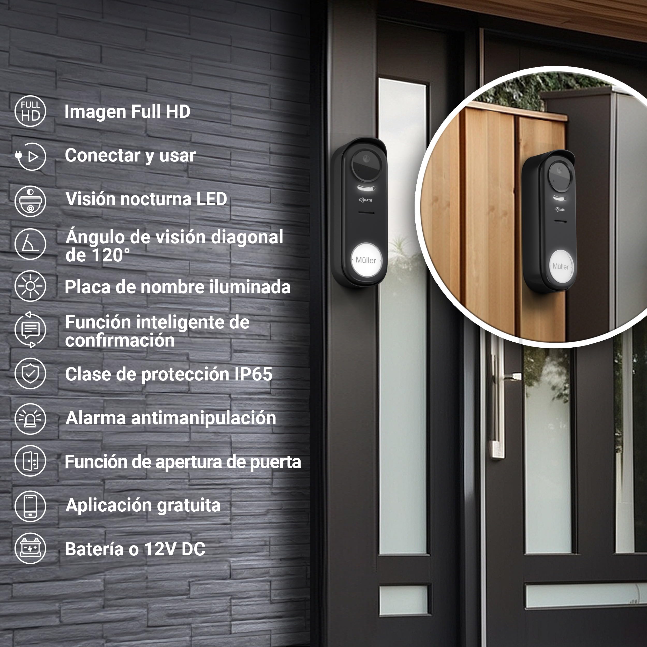GOLIATH® Timbre inalámbrico con cámara e intercomunicador [CON APLICACIÓN PARA SMARTPHONE] - Timbre con cámara Full HD y monitor - Intercomunicador con vídeo y timbre con abrepuertas - Timbre con víde