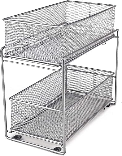 2 Tier Sliding Basket Stackable Cabinet Pull-Out Drawer Mesh Organizer