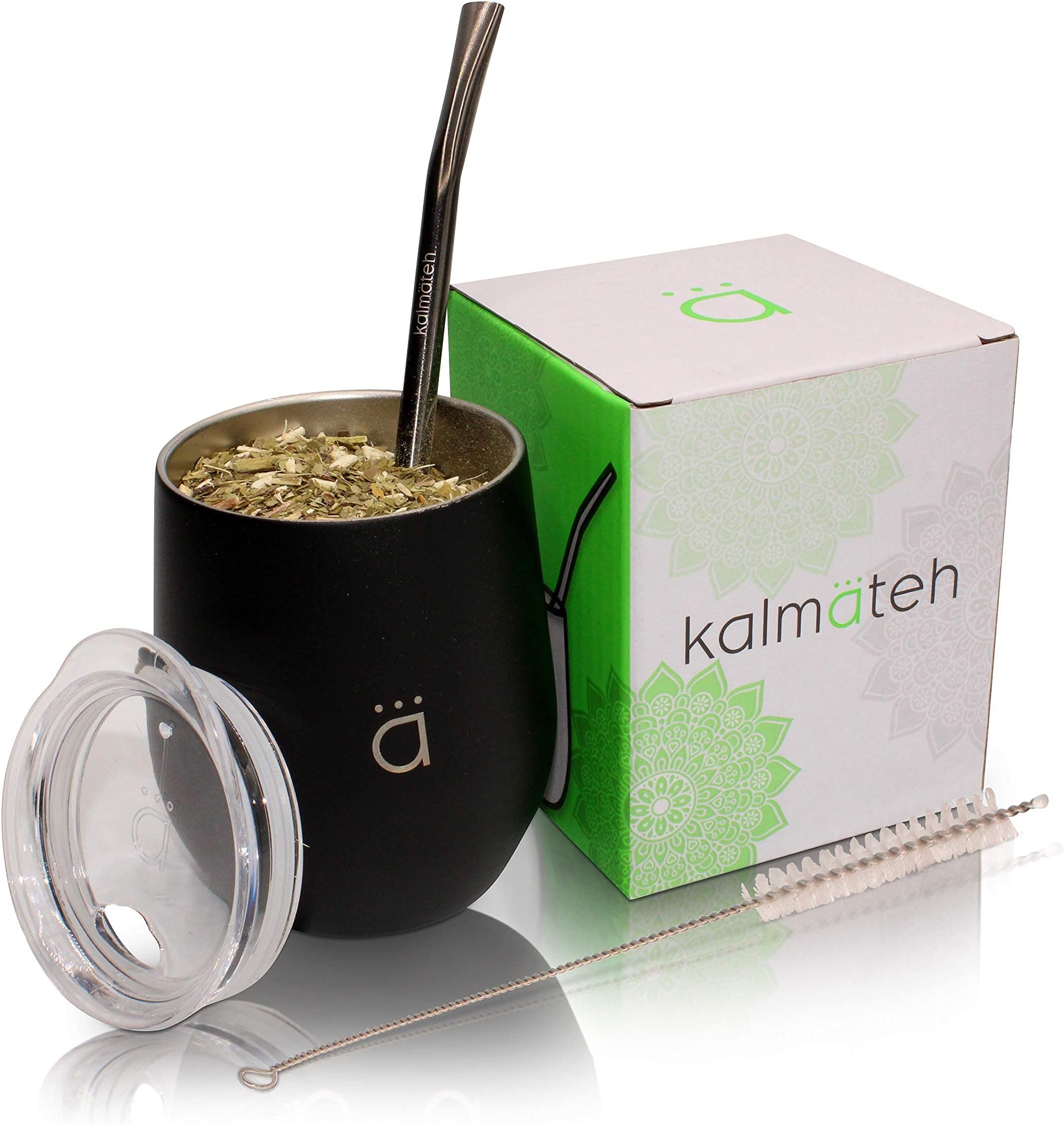 KalmatehYerba Mate Gourd 8 oz, Double Wall Stainless Steel Mate Cup with BPA-Free Lid, Bombilla Filter Straw & Cleaning Brush, Perfect for Hot & Cold Drinks