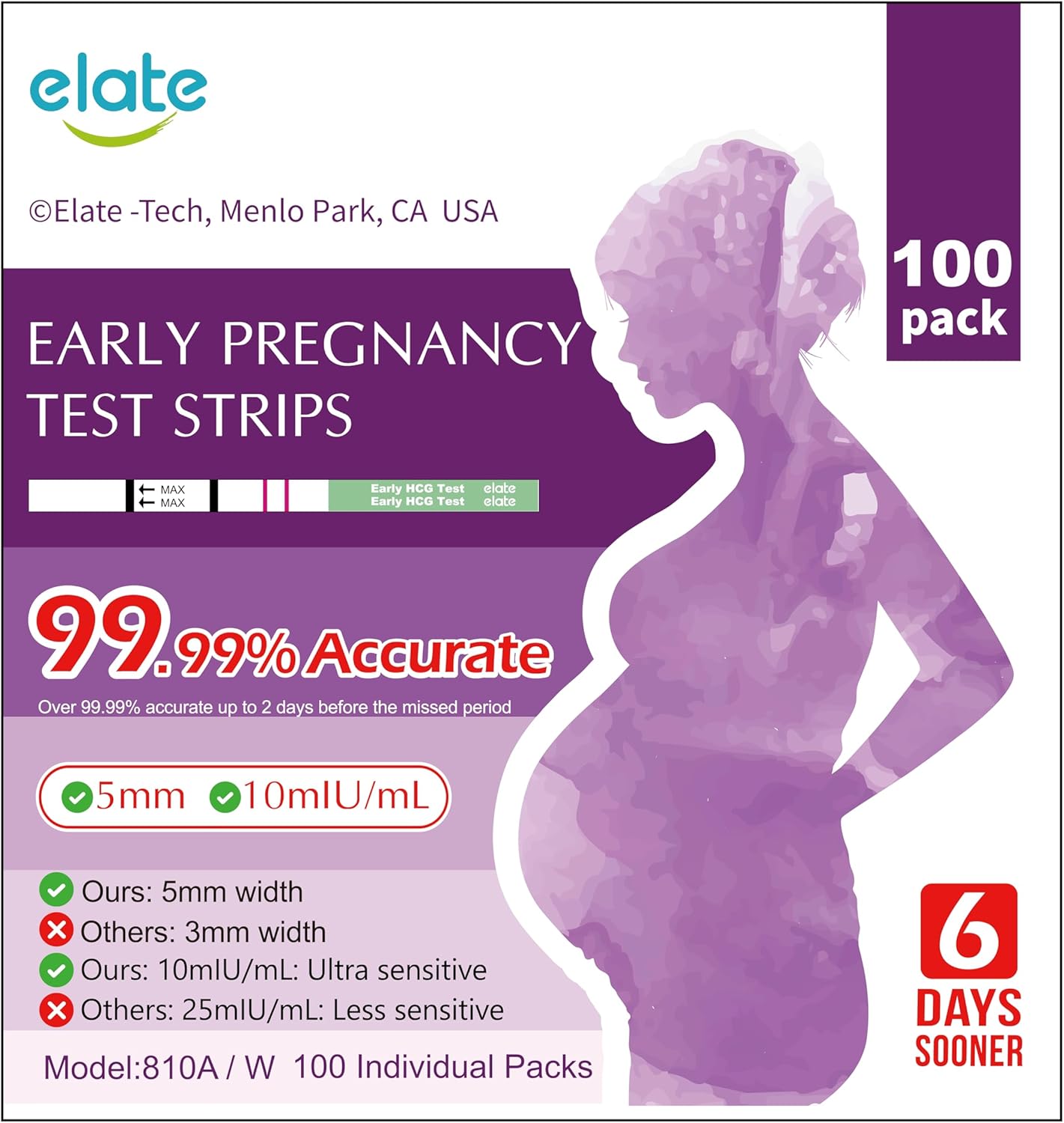 Elate Pregnancy Test Strips 100 Count, Early Detection HCG Test, 10 MIU/ml High Sensitivity, 99.99% Accurate Results, 6 Days Sooner, Easy to Use Home Pregnancy Test Kit