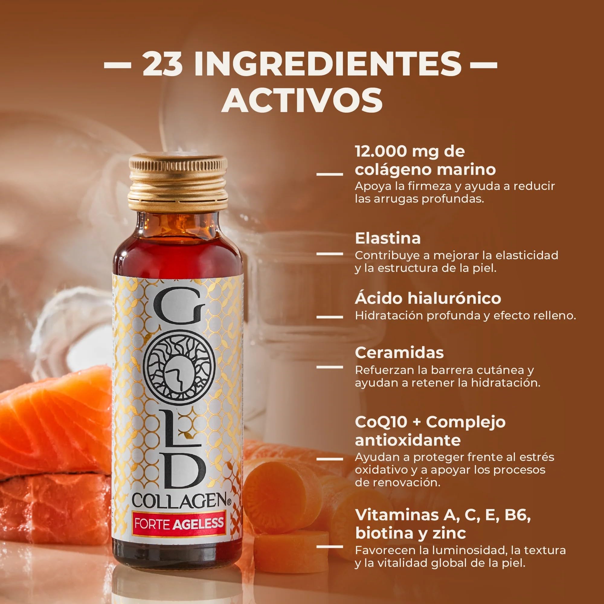 GOLD COLLAGEN Forte Ageless - Complemento Colágeno Marino Hidrolizado (12gr) con Ácido Hialurónico Antiarrugas, Pro Retinol, Vitamina C, D, Biotina, Coenzima Q10, Elastina Reduce Líneas Finas, 10x50ml