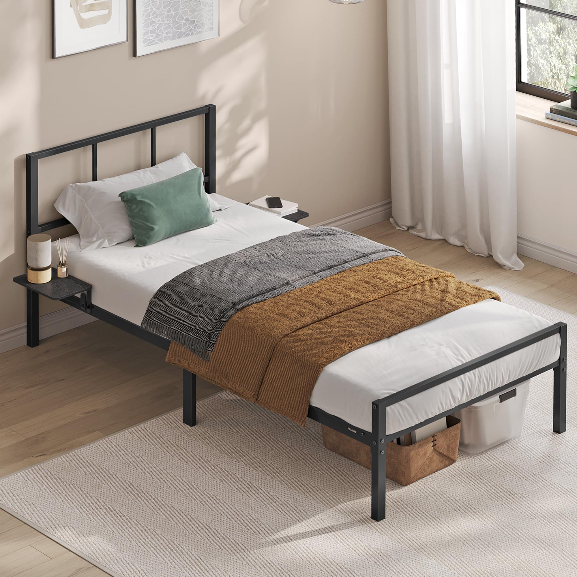 VASAGLE Einzelbettgestell, Bett, passend für 90 x 200 cm Matratze, Metallbett, Bettrahmen, mit Kopfteil, modern, mit Aufbewahrungsregalen, Gästebett, für Teenager, tintenschwarz RMB192BD01