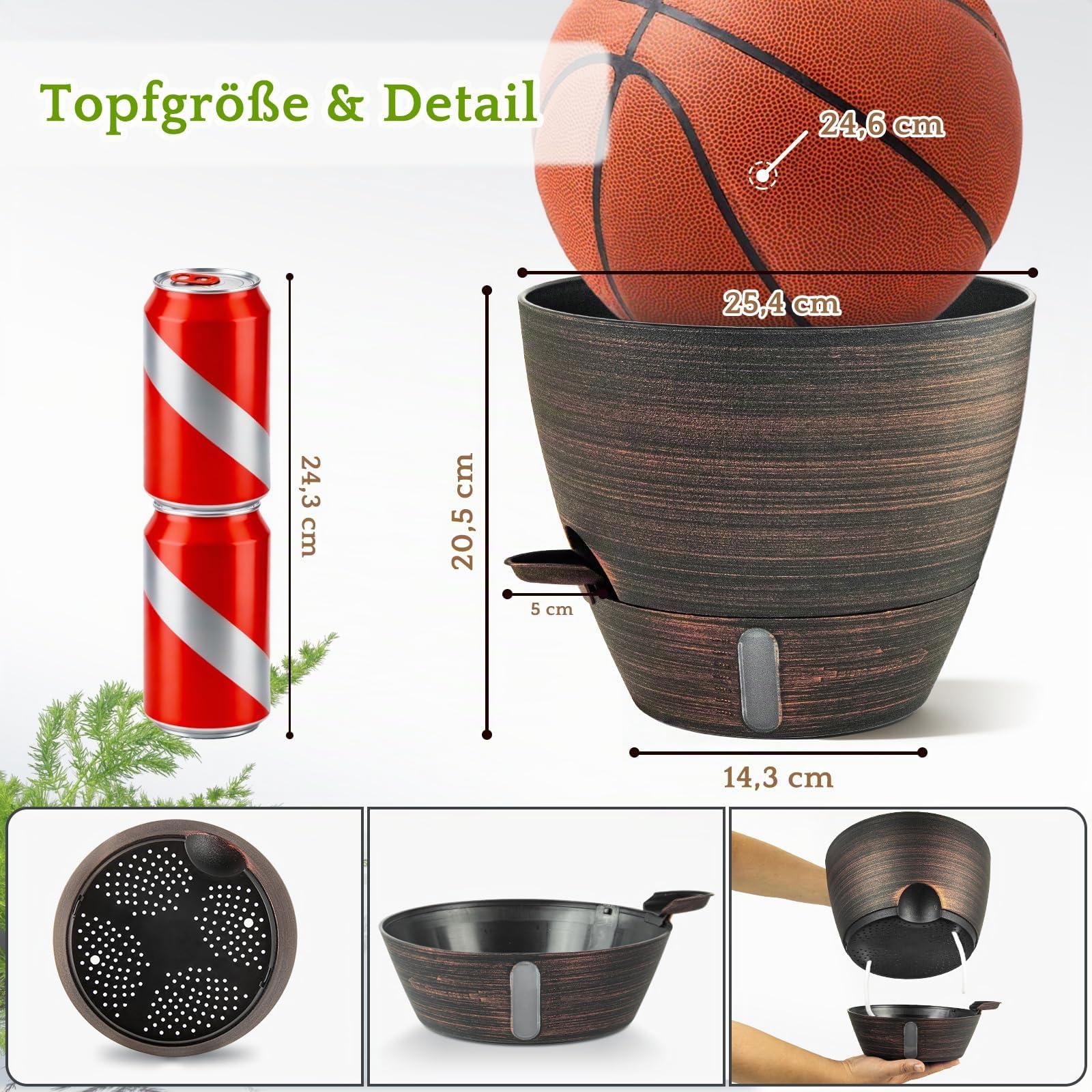 ZMTECH 25 cm Pflanztöpfe mit Bewässerungslippe Selbstbewässernde Pflanztöpfe mit Abflusslöchern und herausnehmbarem Untersetzer Kunststoff-Pflanztöpfe (Bronzen, 2er-Set)