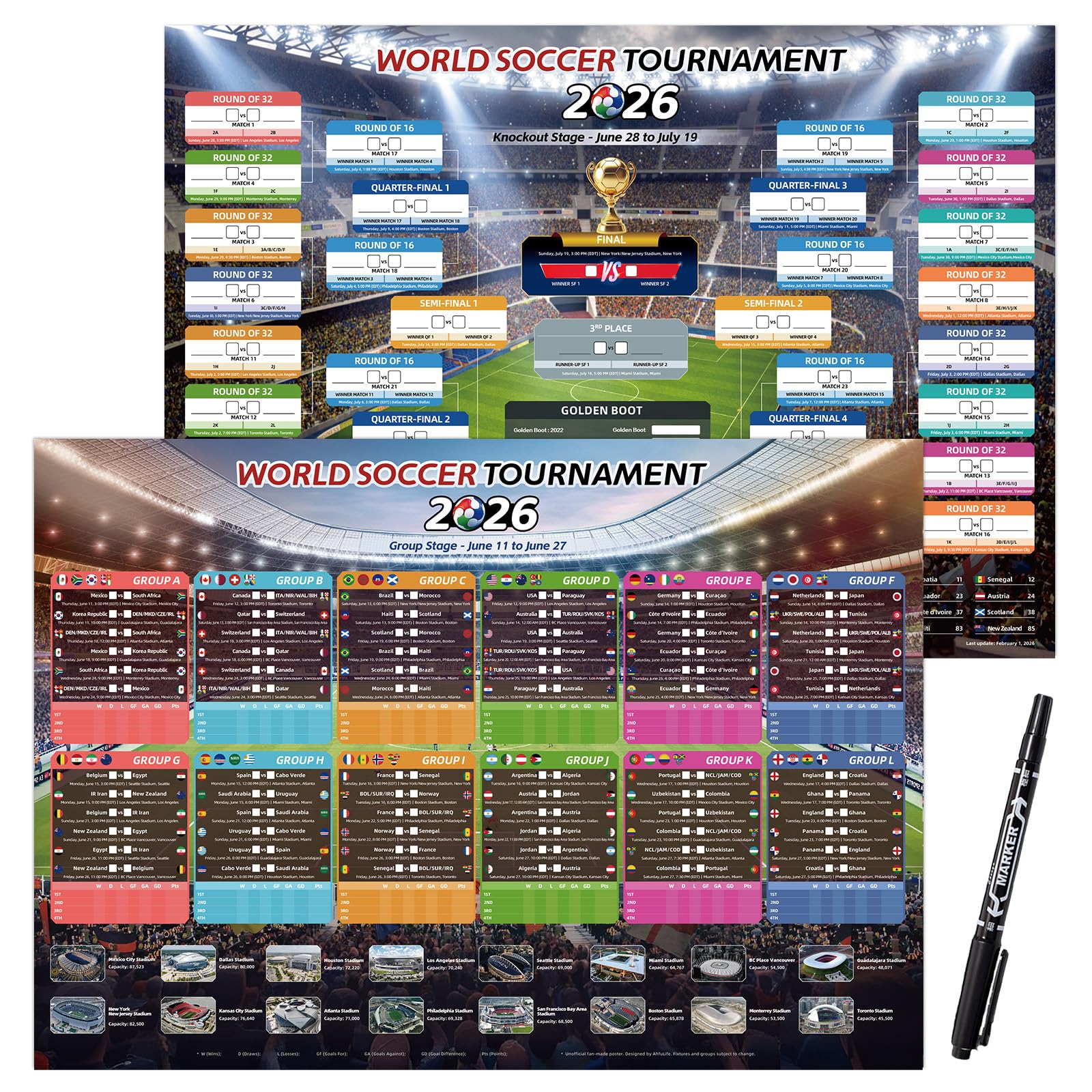 AhfuLife World Cup Schedule Poster 2026, A2 Size-23.3" x 16.5", 2 Pcs World Cup Merchandise 2026 Calendar Wall Chart Decorations, Soccer Tournament Wallchart for Fans Home Office Bar Party Decor - 2