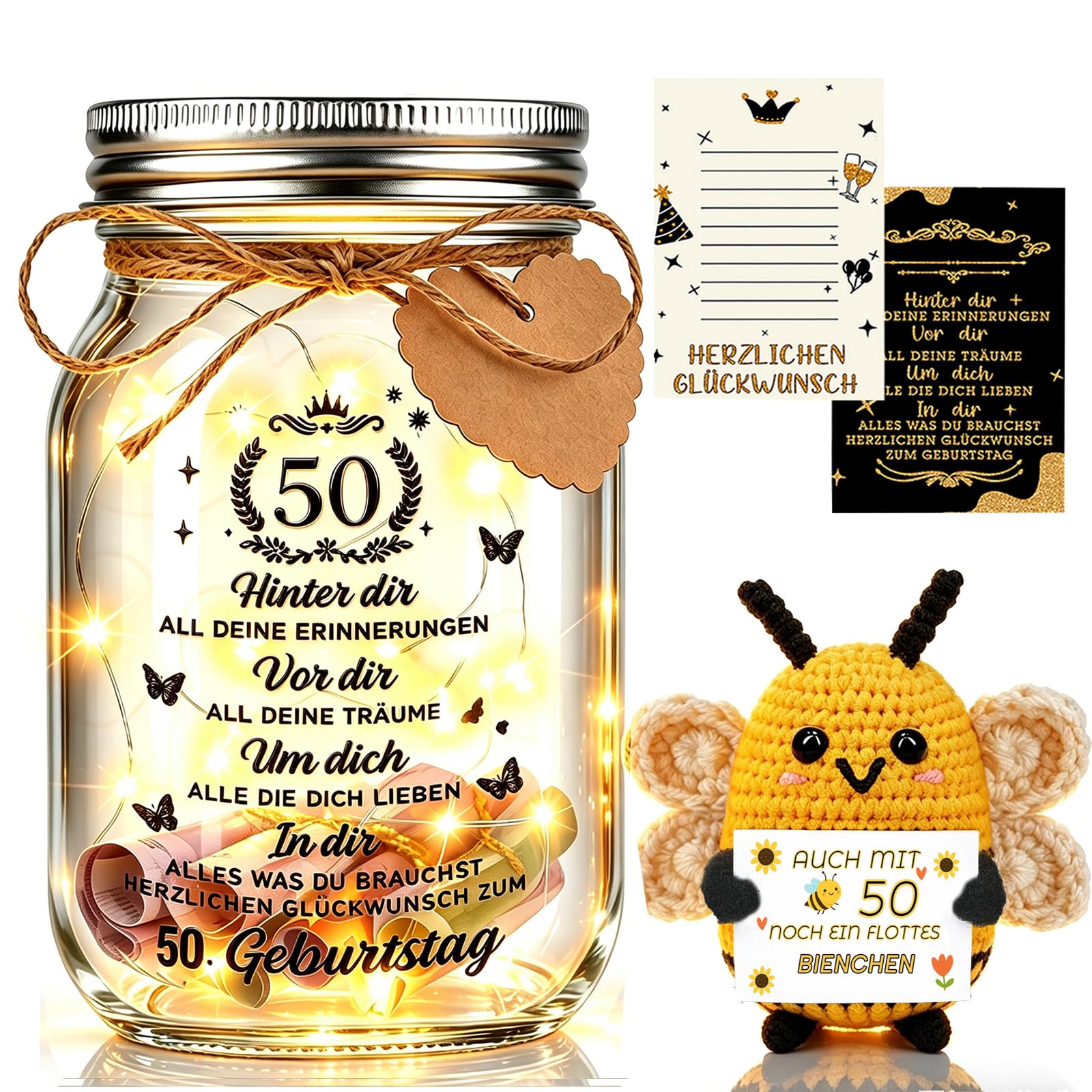 Johiux LED Flaschenlicht mit Positiver Kartoffel Biene für 50. Geburtstag Frau Mann,Pocket Hug Positive Glücksbringer Biene Geburtstagskarte Lustige Geldgeschenke 50.eburtstag.