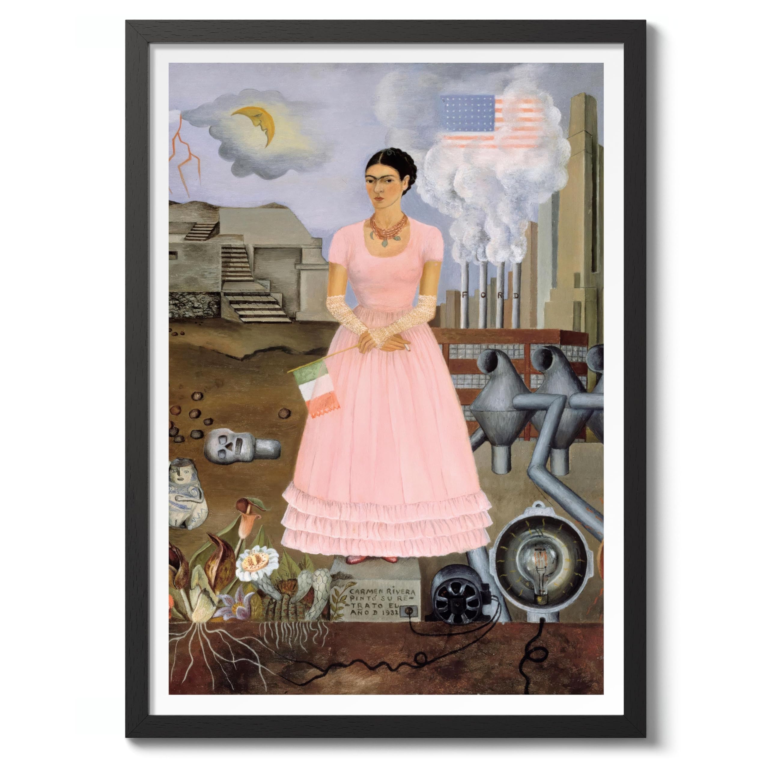 Self-Portrait on the Border Frida Kahlo Poster, Classic Art Painting Print, Art Exhibition Neutral Wall Art, Vintage Minimalist Home Decor Picture, A4 (Black Frame) - 32.7x24.1cm