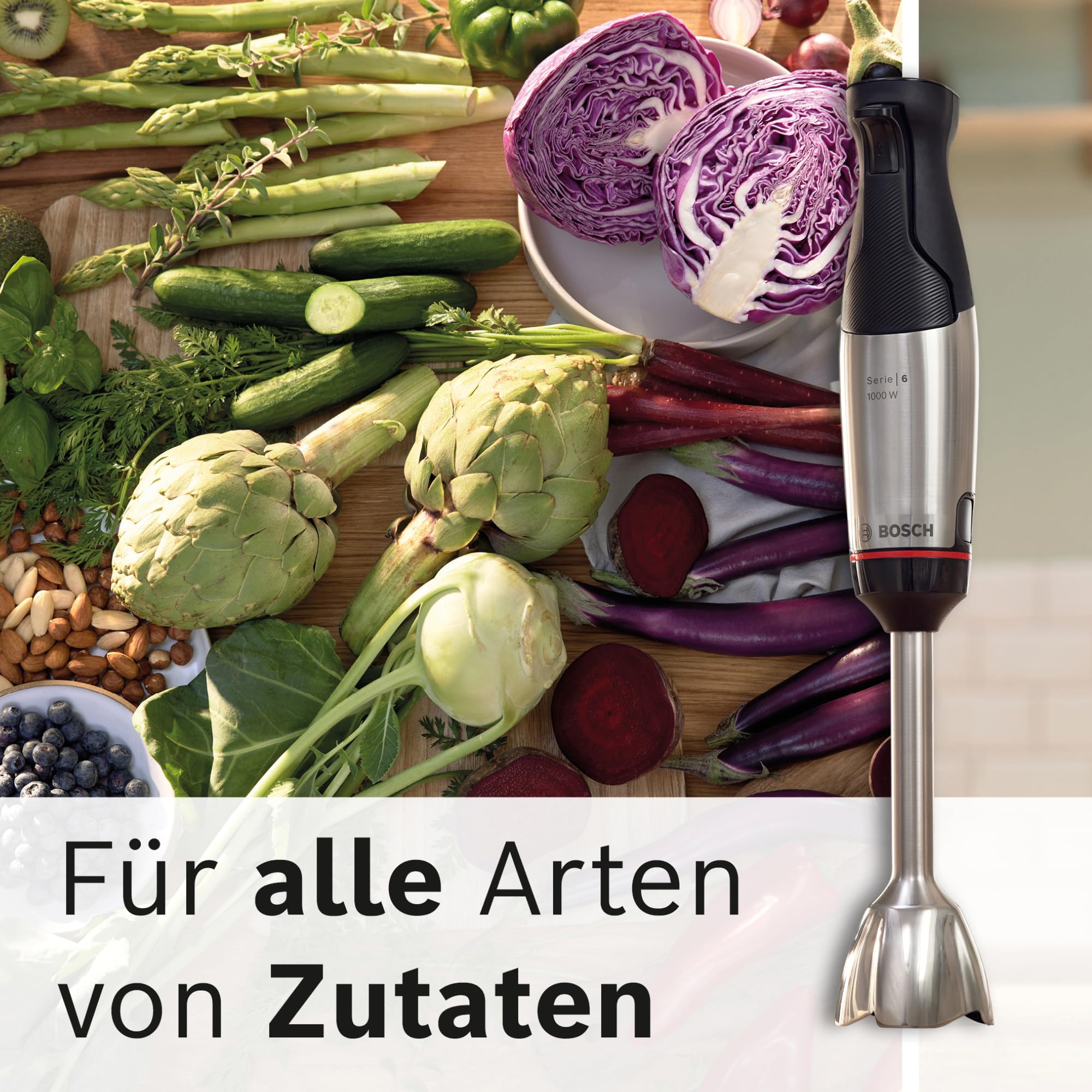 Bosch Stabmixer ErgoMaster Serie 6, mit Zerkleinerer, Schneebesen, Mixbecher, Edelstahl-Klingen, verschleißfreie Keramik-Kupplung, langlebig, Luftkühlung, 1000 W, Edelstahl, MSM6M622