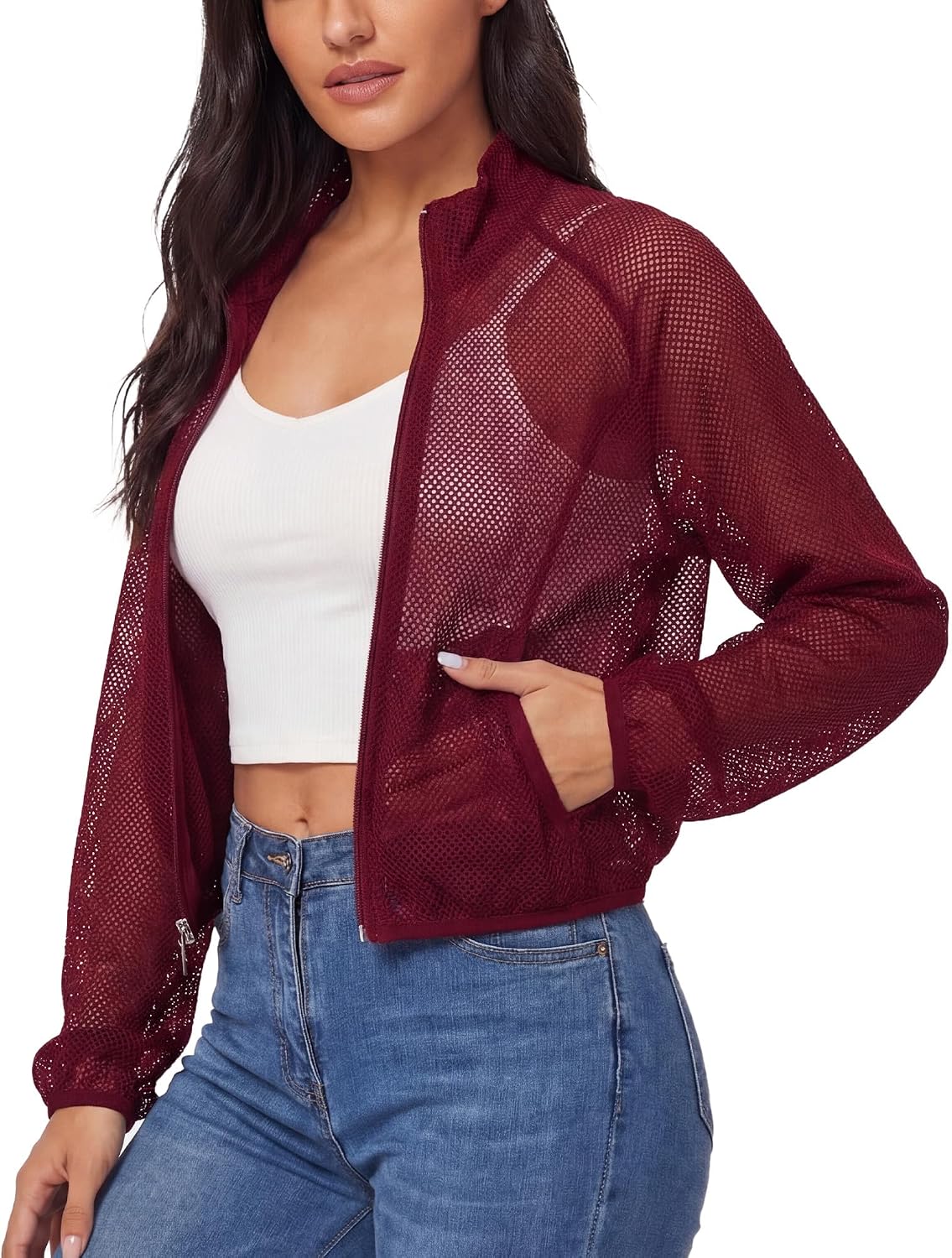 FEOYA Women's Mesh Jacket Cropped High Waisted Lightweight See Through Zip Up Workout Jacket Yoga Cover Up Casual Outerwear
