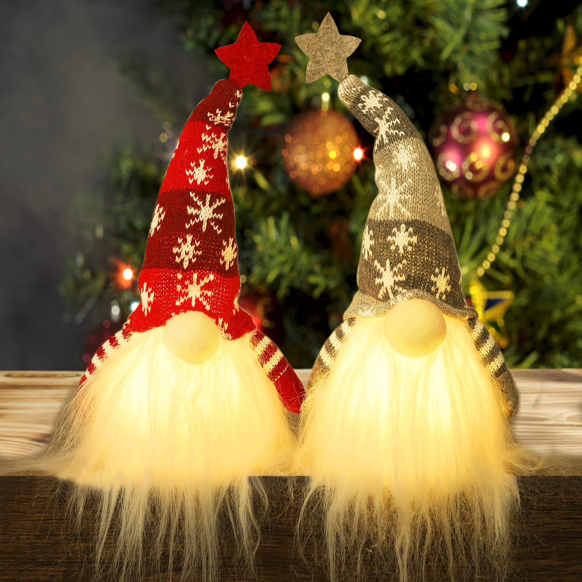 Juegoal 15" Lighted Christmas Gnome, Handmade Plush Scandinavian Swedish Tomte, Light Up Elf Toy Holiday Present, Battery Operated Winter Tabletop Christmas Decorations, 2 Set
