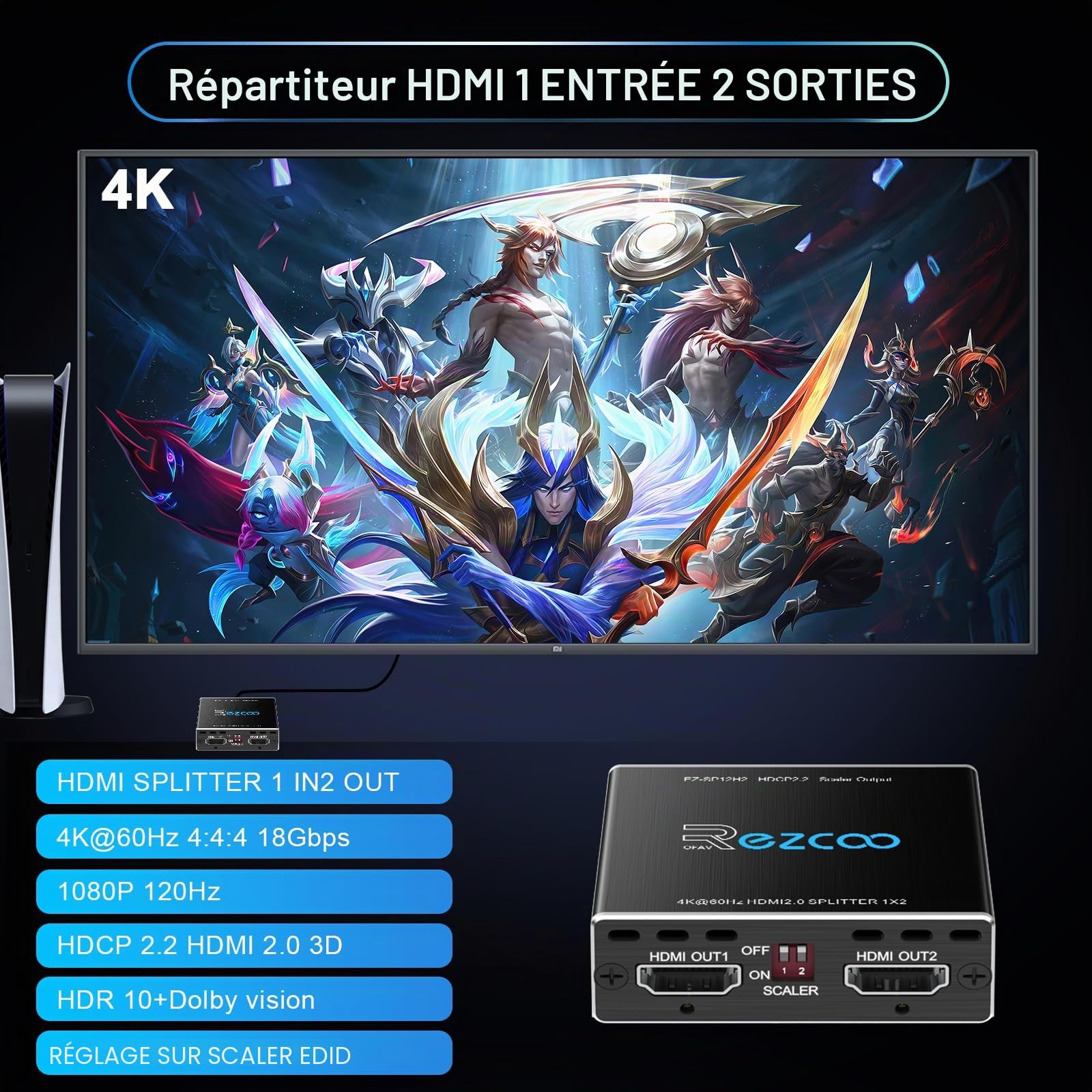 4K 60Hz Splitter HDMI 1 entrée 2 Sorties 1080P 120Hz HDCP HDR 18Gbps UHD Dolby Vision Atmos EDID Scaler 4K 1080P Répartiteur HDMI pour PS5, SkyQ, Xbox, Fire Stick, BluRay, Apple TV, Projecteur.