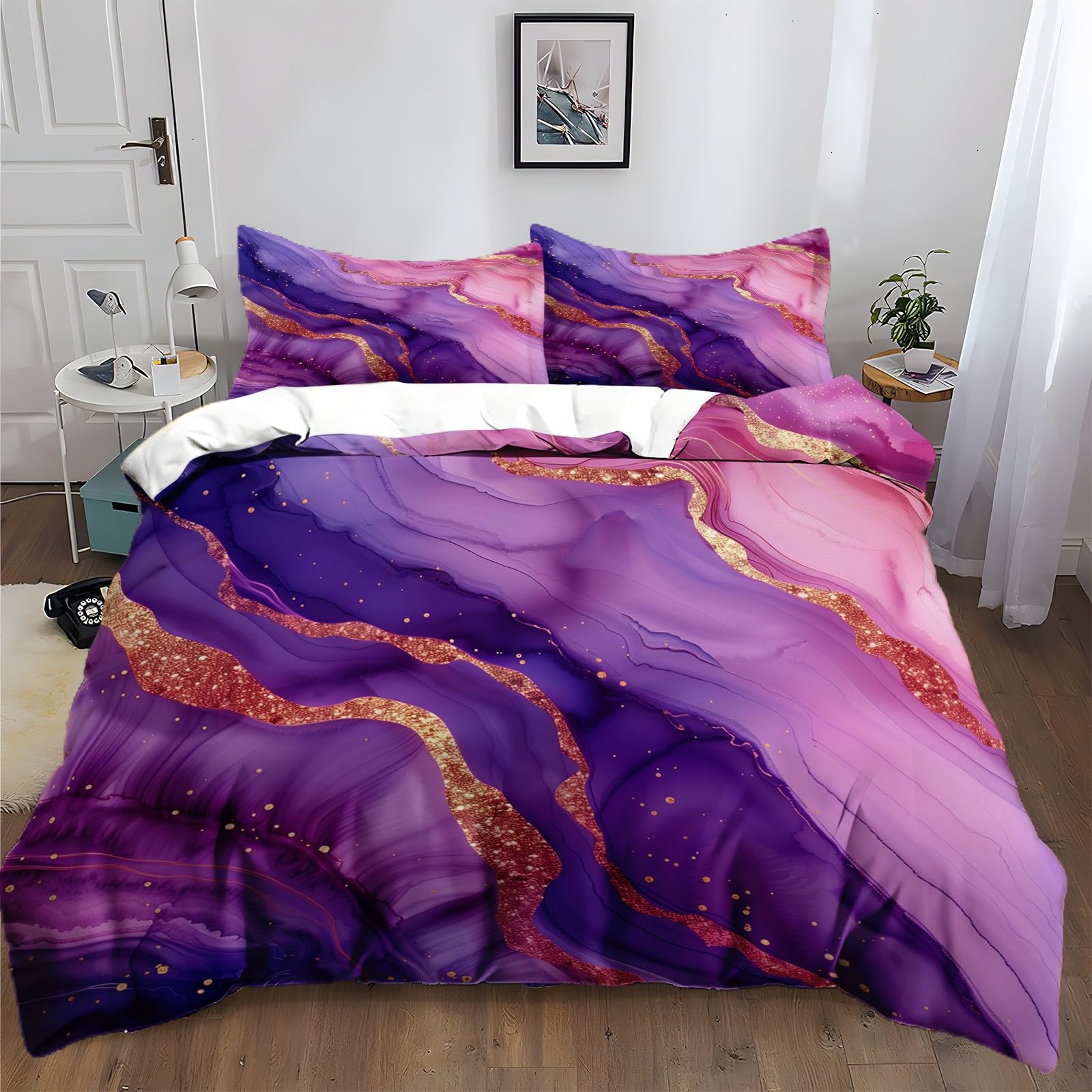 Housse de couette 200x200 cm imprimée literie marbre violet 2p