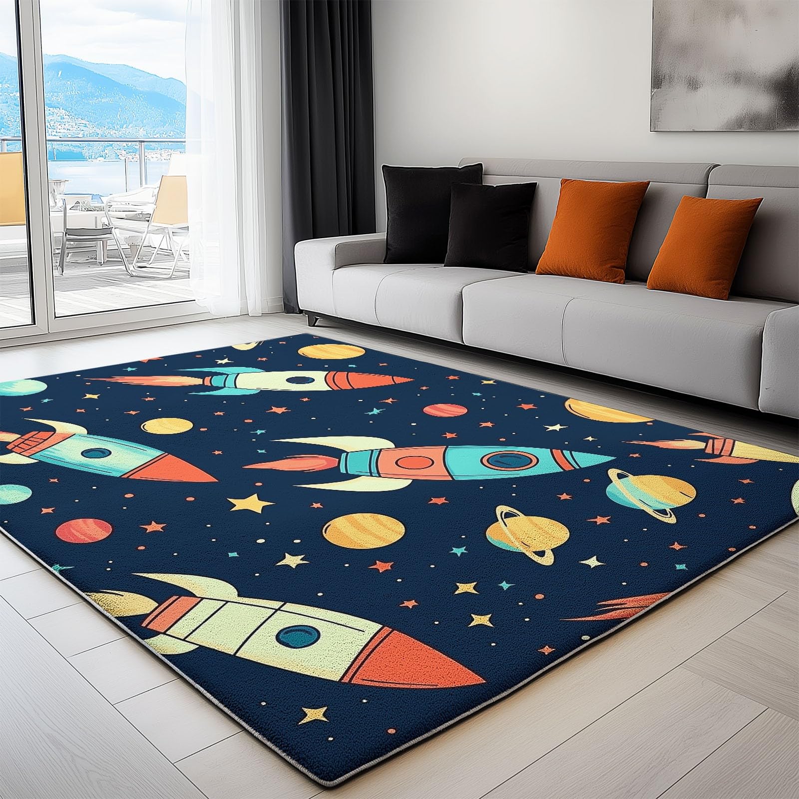 80 x 150 cm Teppich für Wohnzimmer – Kurzflor, Pflegeleicht & Extra Weich, Rechteckiger Teppich mit Niedliche Cartoon-Rakete Stern, geeignet für Schlafzimmer Kinderzimmer, Bunt