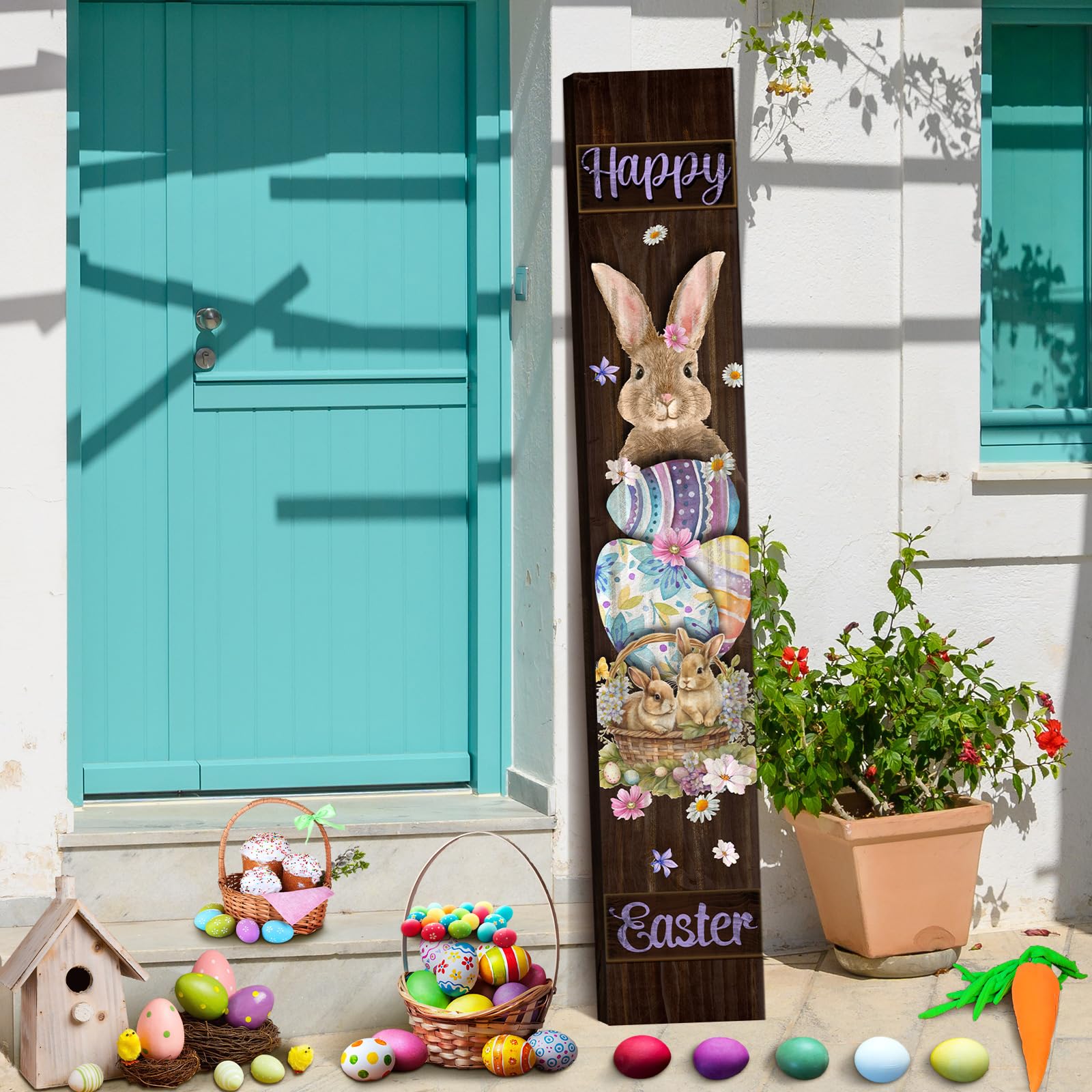 Photo 1 of Easter Porch Sign 47'' H Wooden Hanging Welcome Sign Vertical Welcome Porch Sign Rustic Tall Porch Leaner for Front Door Wall Easter Indoor Outdoor Home Yard Decoration (Bunny Egg Basket)