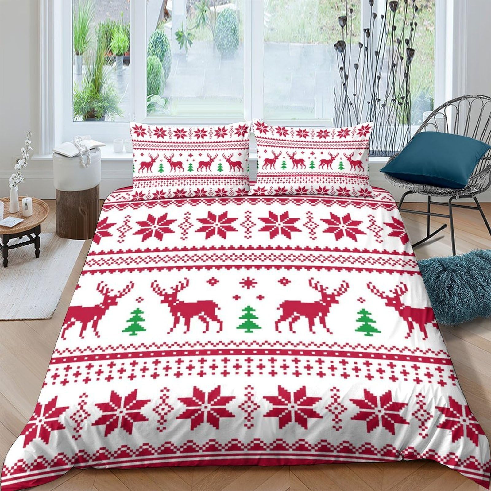 GPLZQXKJNH 3D Printed Christmas Reindeer Duvet Cover Microfiber Red White Snowflake Bedding Set with 2 Pillowcases for Bedroom Home Single（135x200cm）