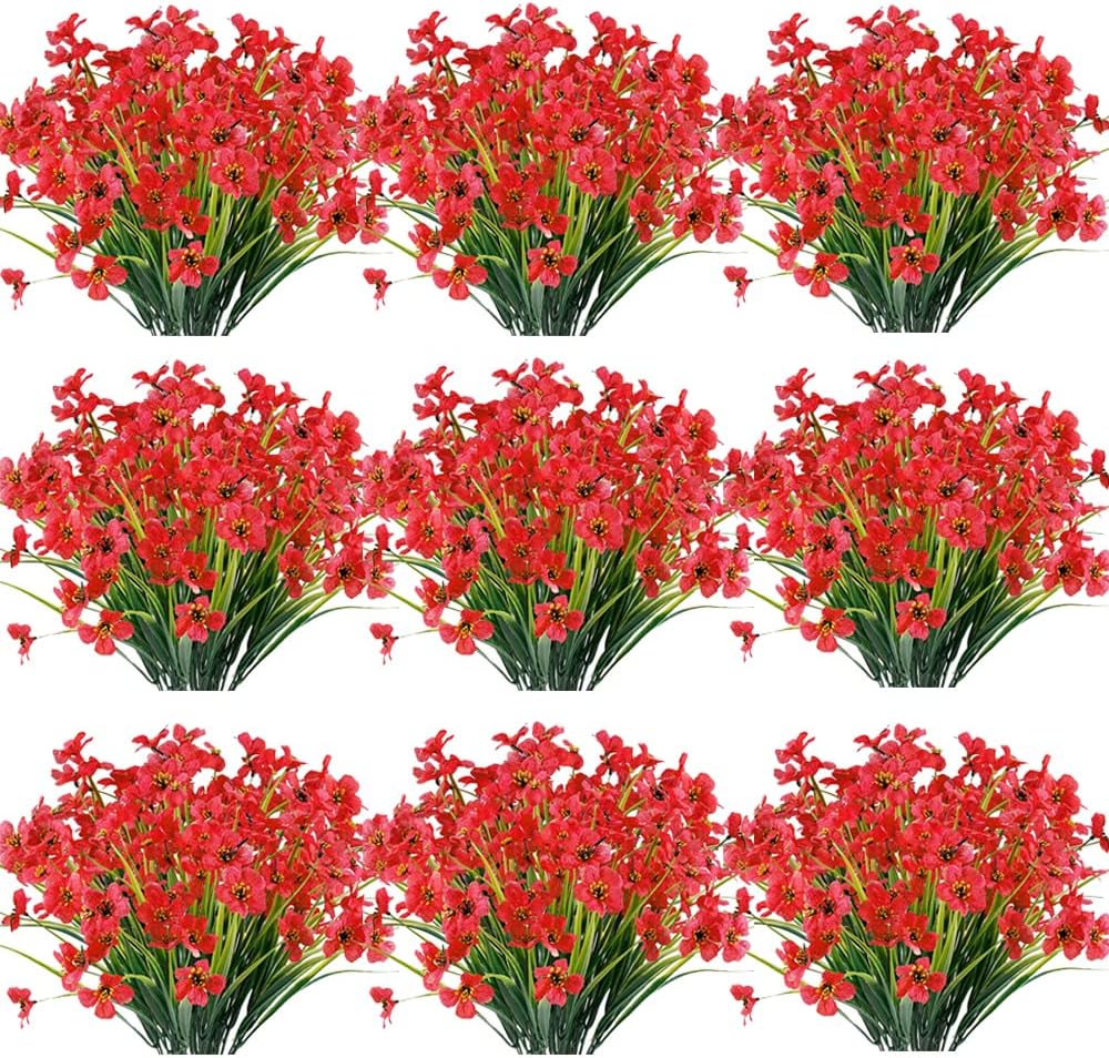 30 Bundles Artificial Flowers Outdoor UV Resistant Fake Flowers No Fade Faux Plastic Plants Garden Porch Window Box Decorating(Deep Red)