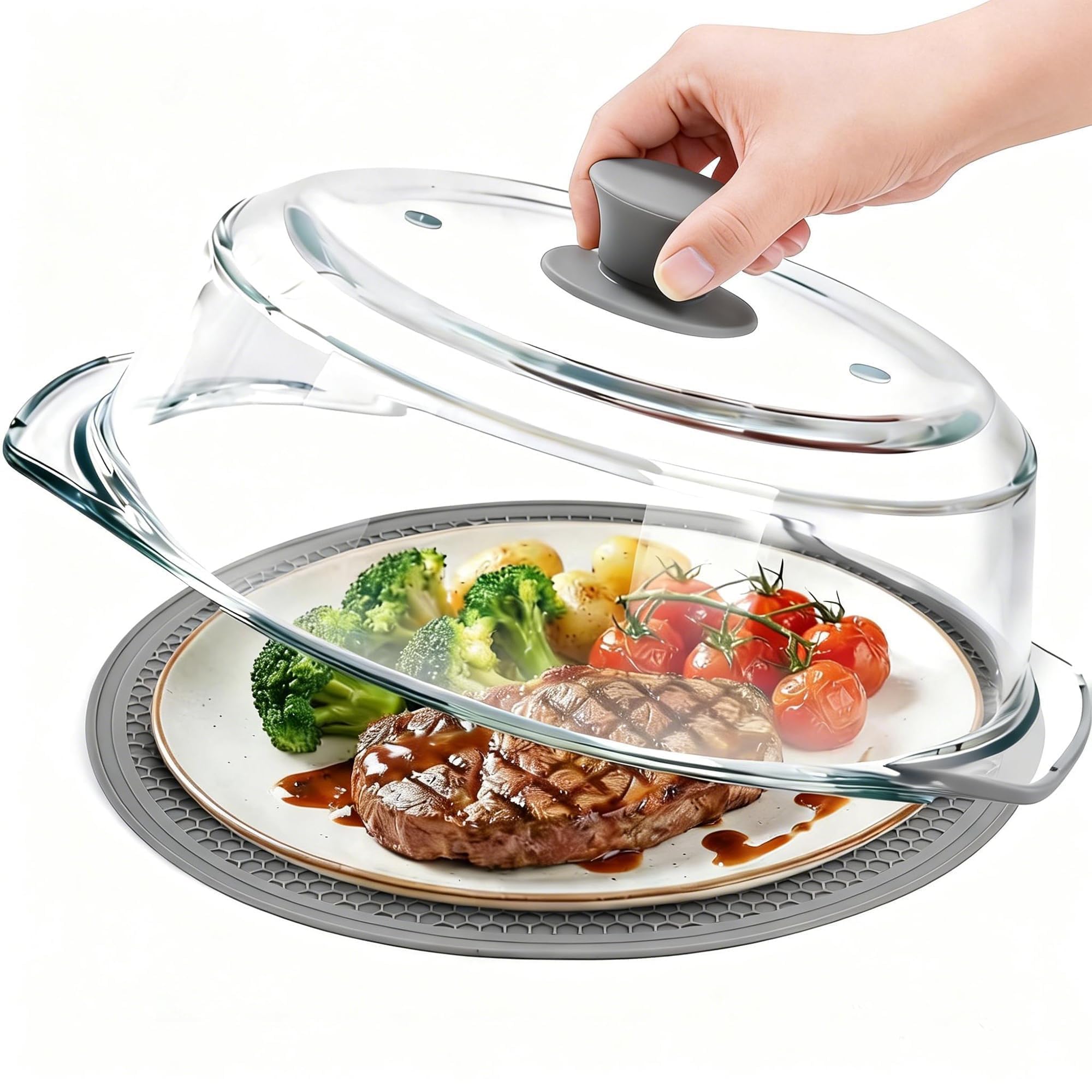 Glass Microwave Splatter Cover for Food with Microwave Place Mat - Sturdy Plate Guard Lid with Vent Holes and Easy-Grip Silicone Handle - BPA Free, Dishwasher Safe (Grey)
