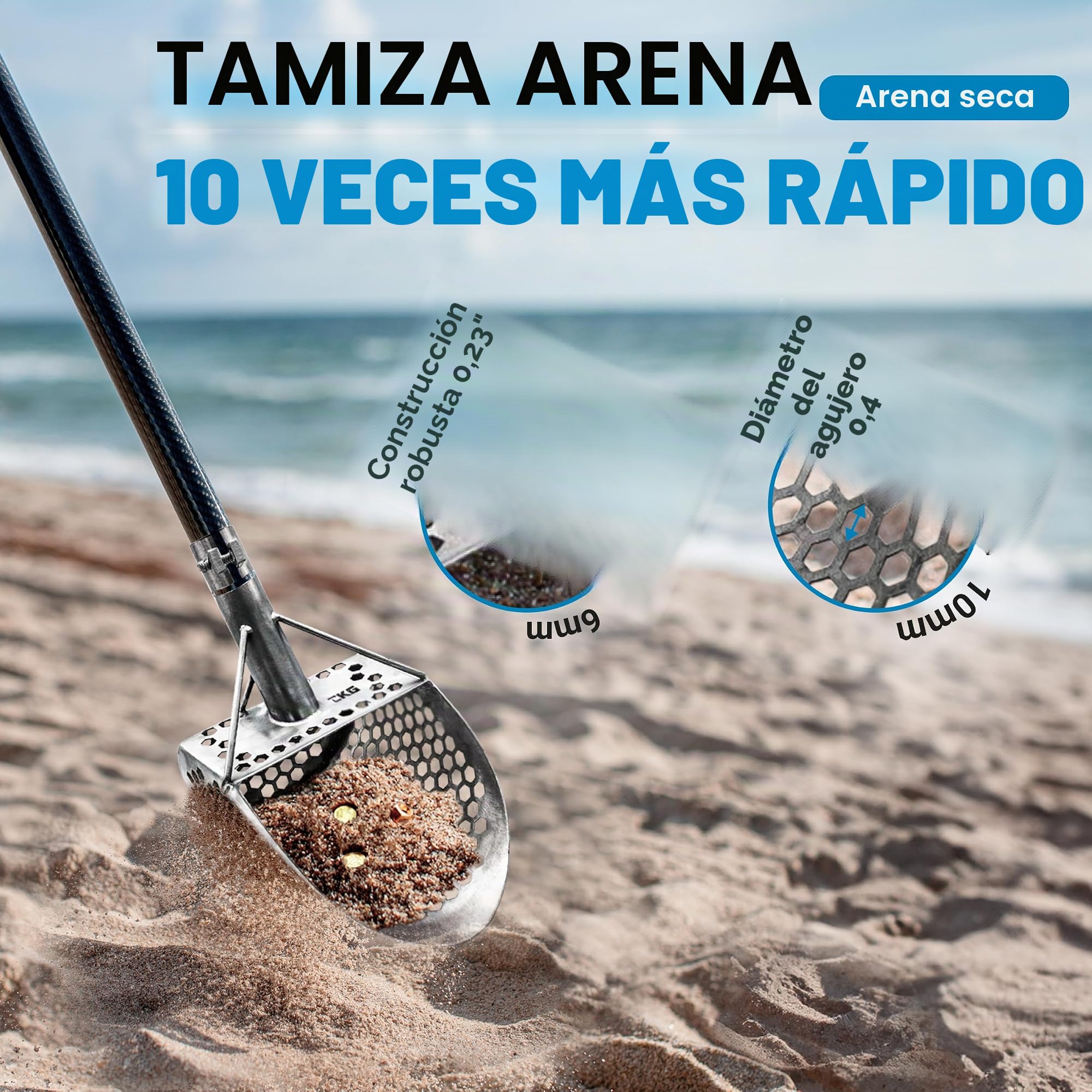 CKG Cuchara de arena para detección de metales, cuchara de tamiz de arena resistente, acero inoxidable 304, pala de detector de metales para caza de tesoros, playa y accesorios de detector de metales,
