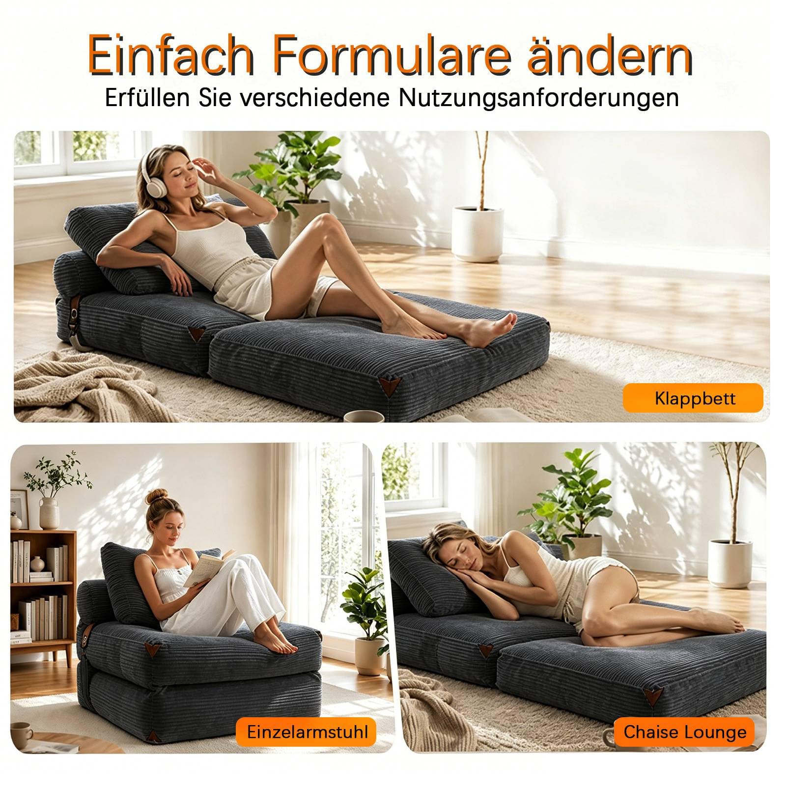 combet Klappbares Schlafsofa mit Schlaffunktion, umwandelbares Schlafsofa mit Kissen und Matratze, tragbares Bodensofa, Gästebett, Liegesessel für Wohnzimmer und Schlafzimmer,170 x 85 cm,Dunkelgrau