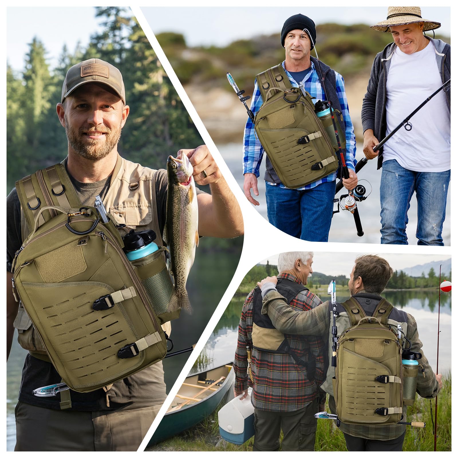 Goture Sling Tackle Bag - Borsa a tracolla da pesca, con porta canna da pesca, sistema MOLLE, spazio per esche artificiali e accessori, Cachi con 3 scatole per esche, Tracolla