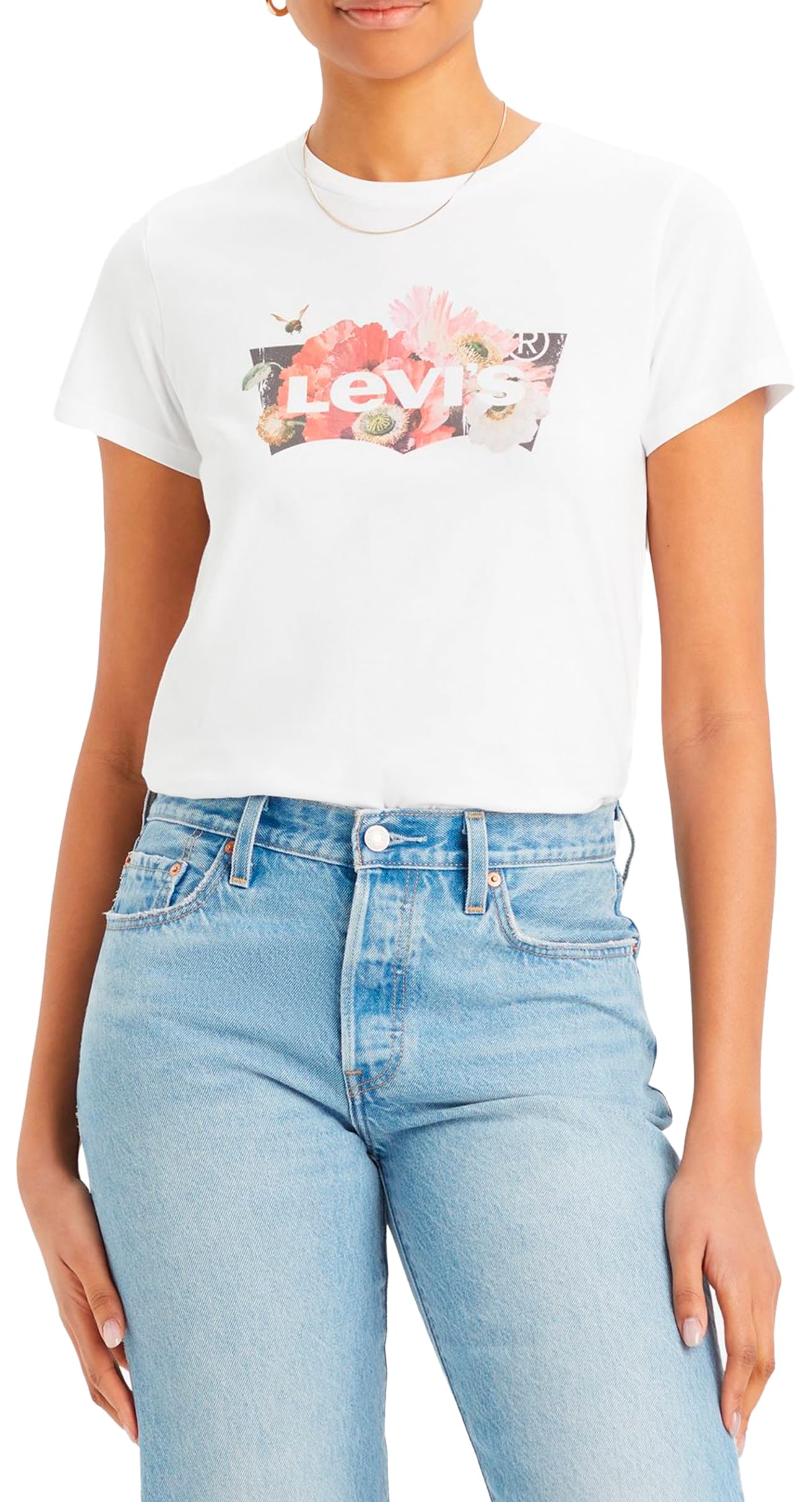 Levi's Women's The Perfect Tee- Graphic Batwing Logo T-Shirt, Floral Bw Fill Bright White, XS