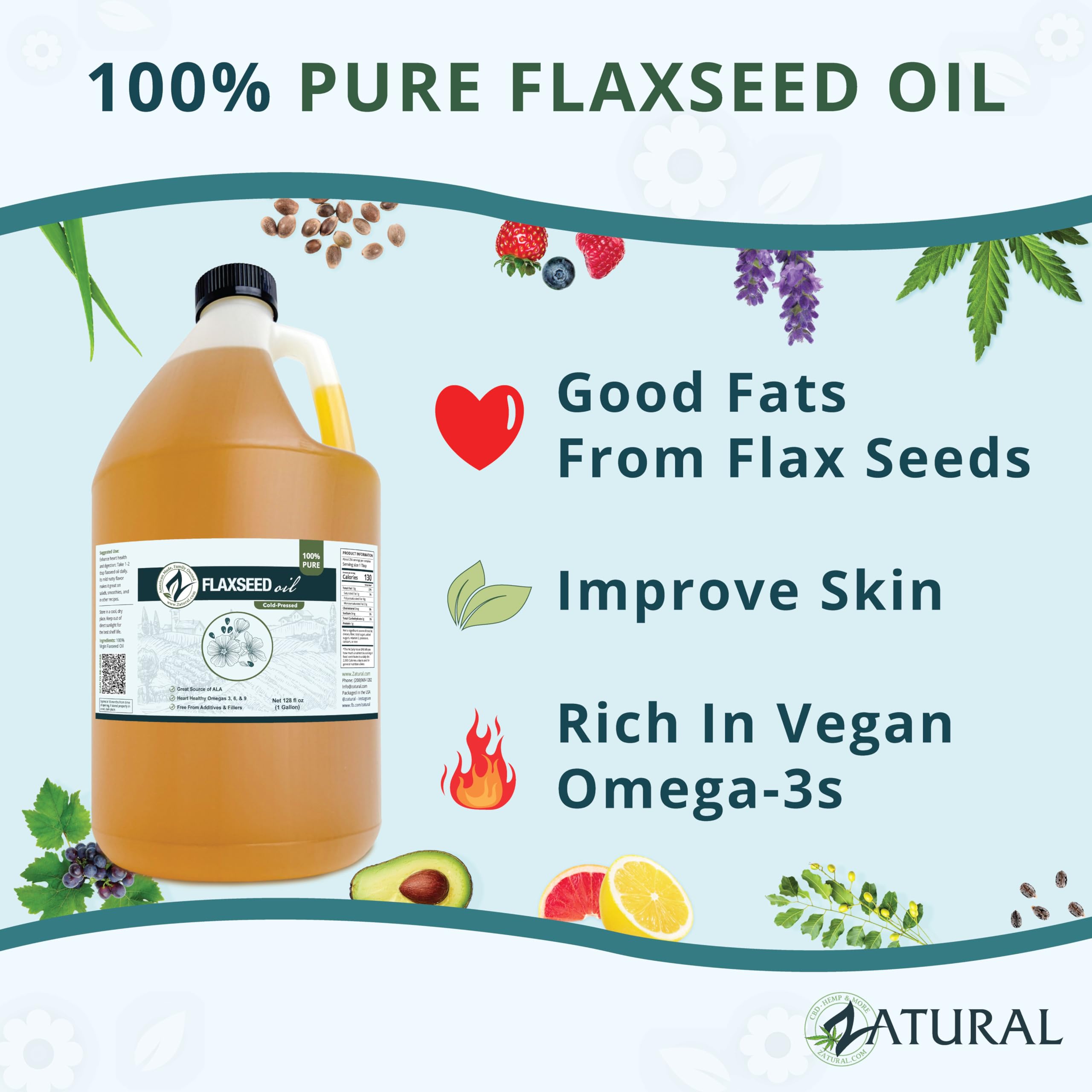 Zatural Cold Pressed Flaxseed Oil – 100% Pure Non-GMO Liquid Flax Seed Oil, Vegan Omega-3 ALA Rich, Perfect for Salads, Smoothies, Baking, Skincare & Hair (1 Gallon) — Amazon image 5