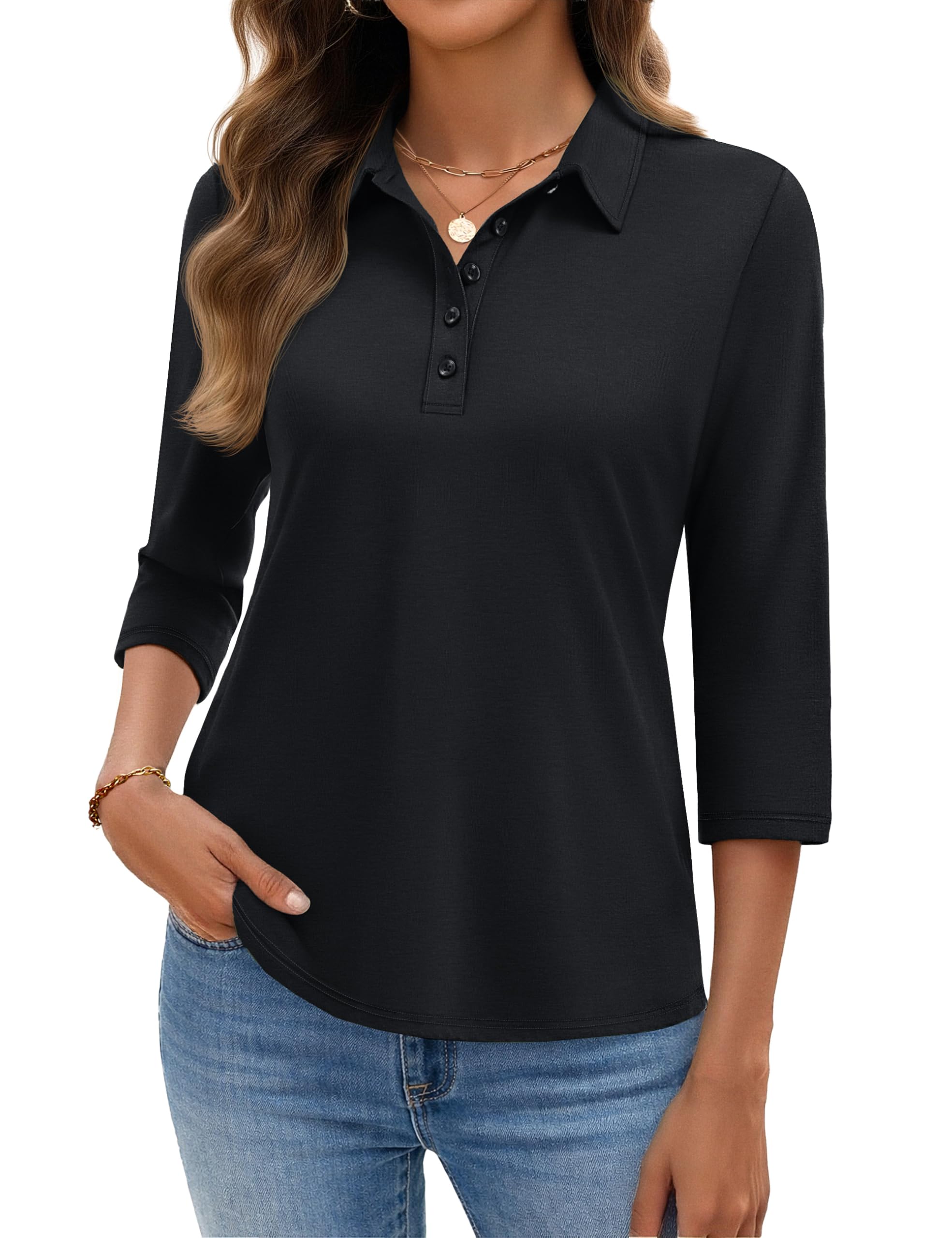 yucolen Polo Shirts for Women 3/4 Sleeve Tops Golf Tees 5-Button Collared Cotton Shirt Business Casual-picture-40
