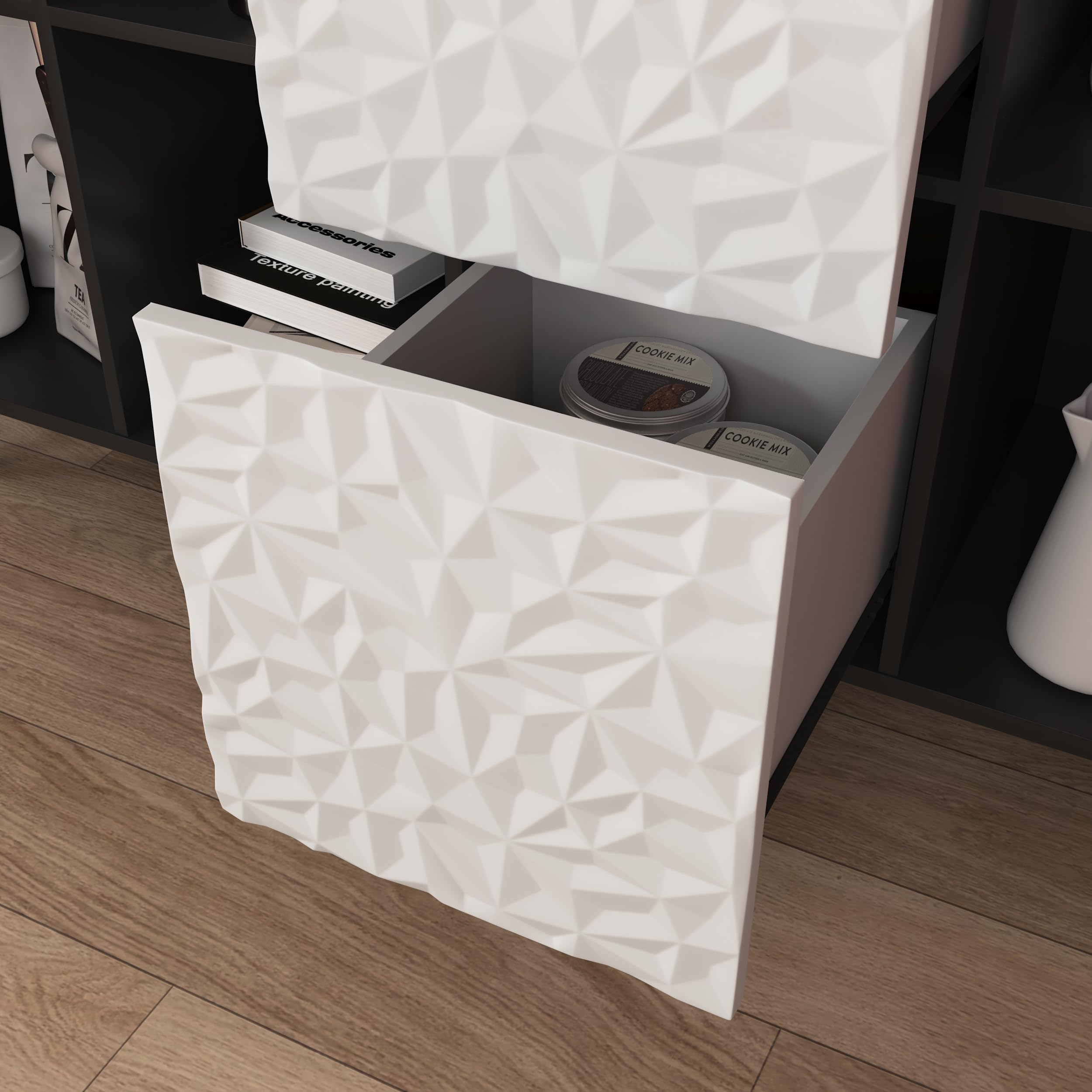 REXO Credenza credenza nera con ante rosse, 2 cassetti con pannello unico e 2 scomparti aperti, moderno armadietto da caffè per cucina