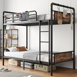 JOCOEVOL Twin Over Twin Metal Bunk Bed: Heavy Duty, Convertible to 2 Beds, Full Guardrails, Ladder, Underbed Storage - Vintage Brown
