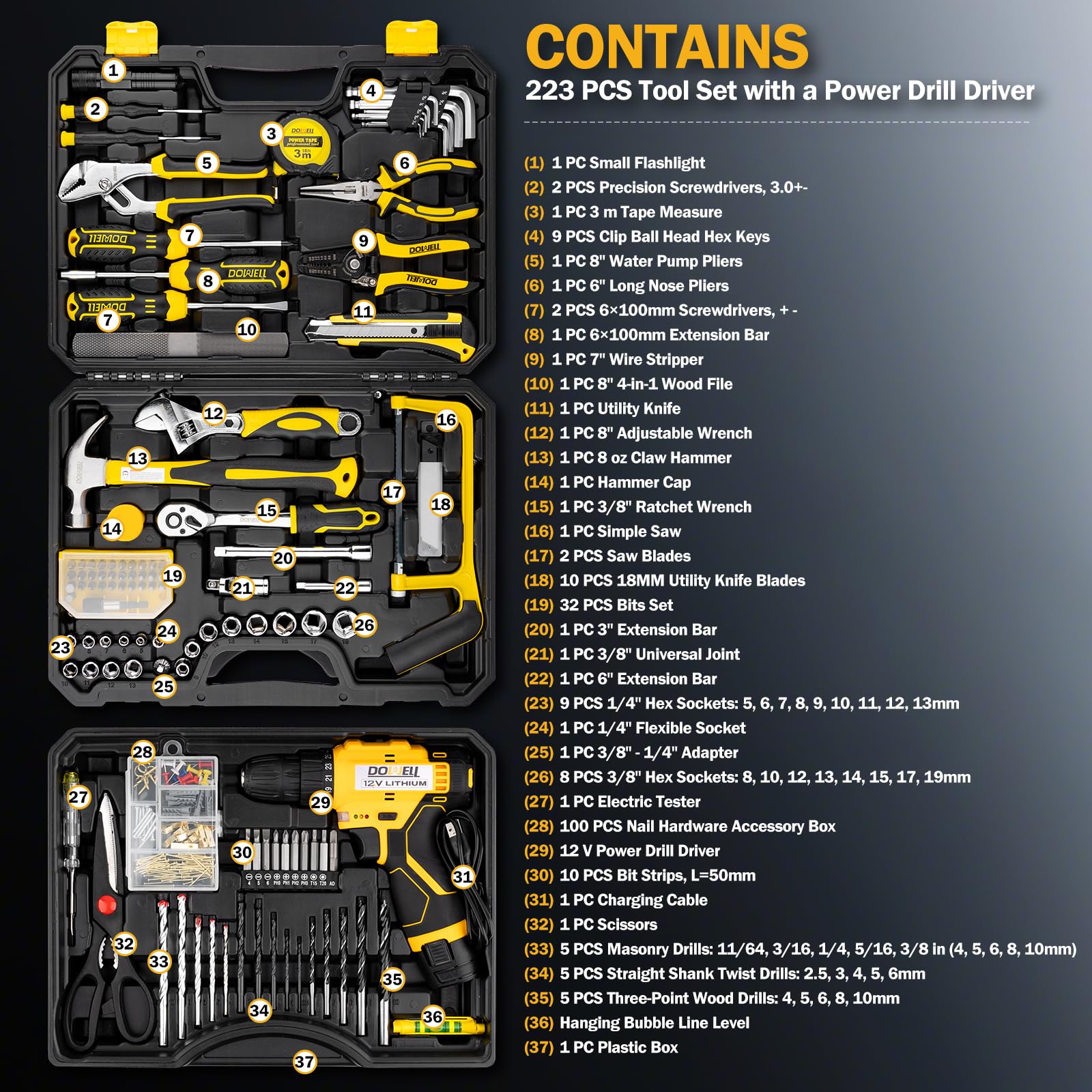  アップルゲート・ディーゼル DEASEL　マルチツール　セット DOWELL Tool Set with 12V Cordless Drill, 223-Pcs Home Tool kit for