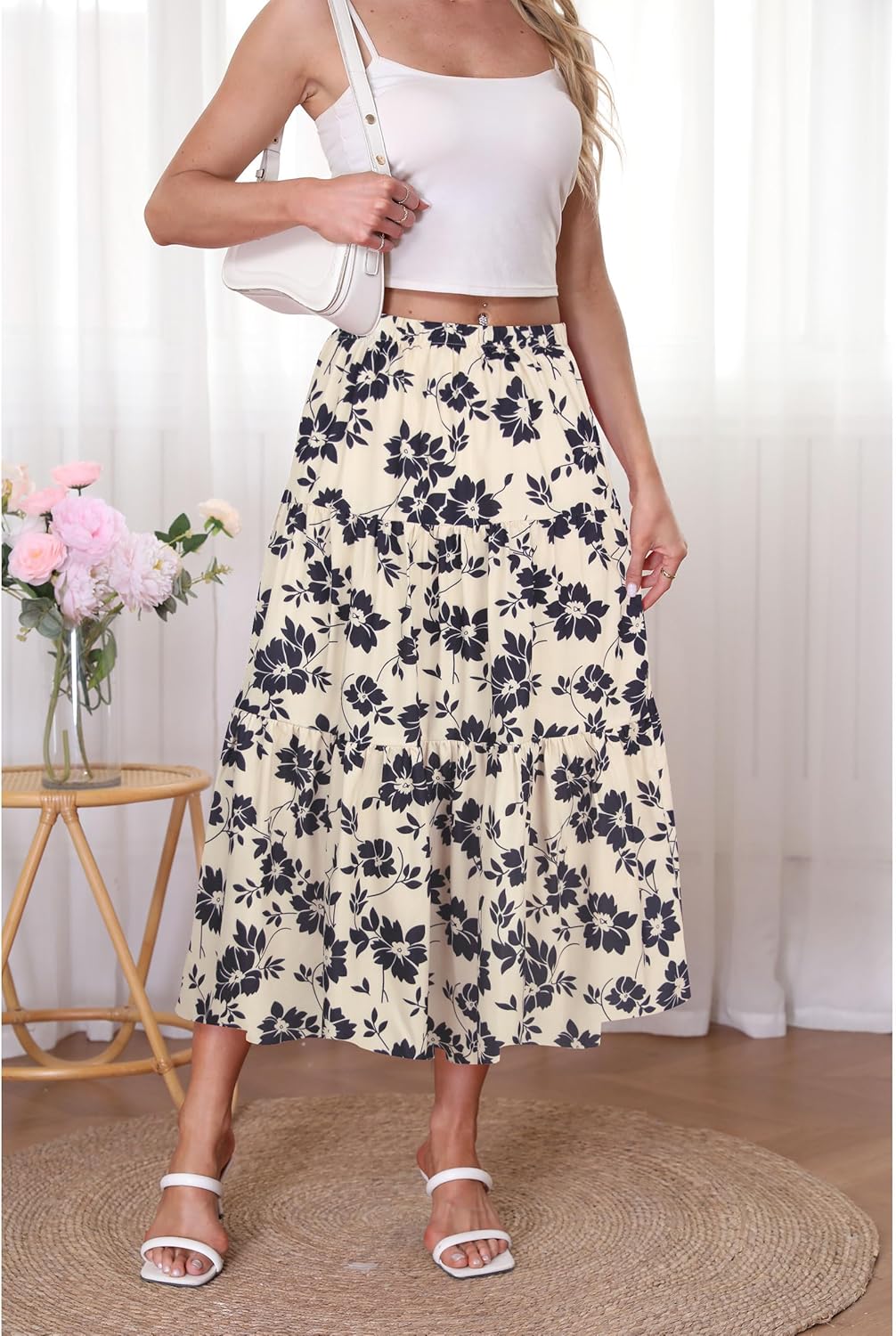 Kingfancy Women's Boho Midi Skirt A-Line Ruffle Elastic High Waist Tiered Flowy Skirts - Image 4