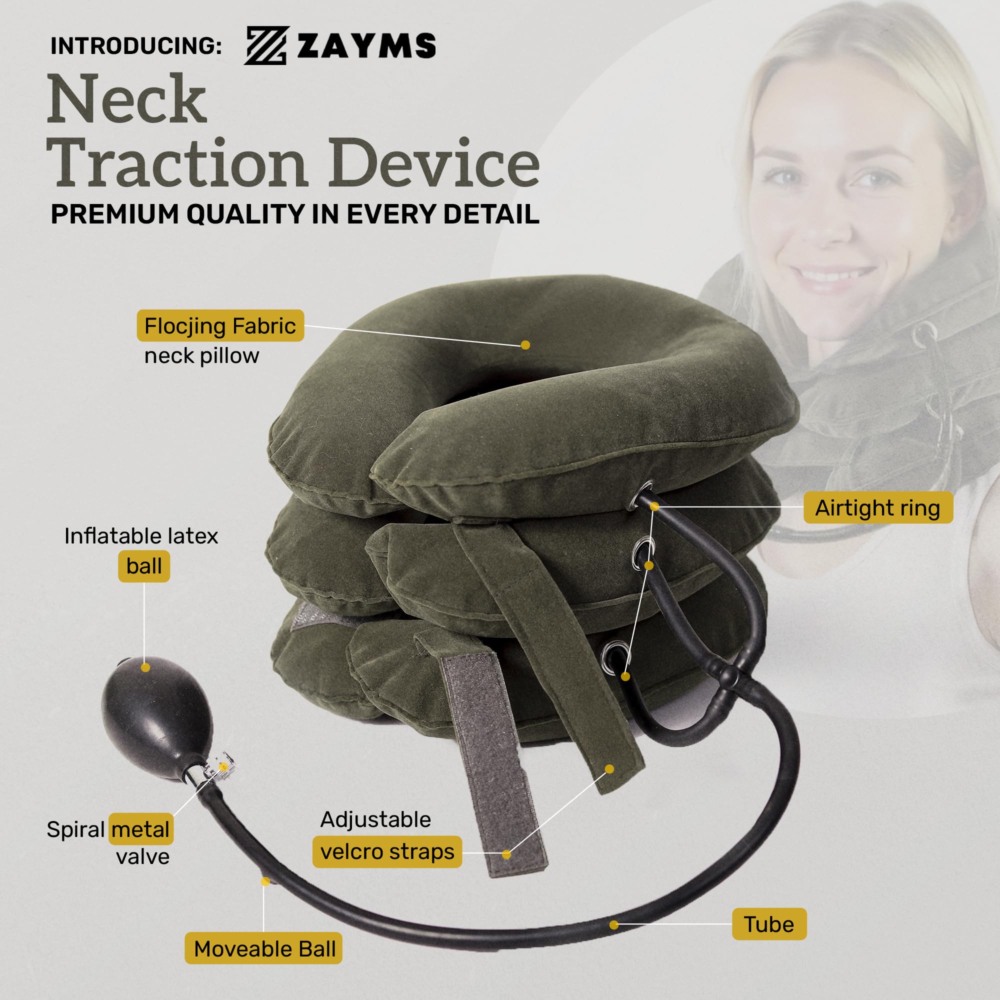 ZAYMS Neck Brace, Adjustable Inflatable Cervical Traction Neck Stretcher for Neck Pain Relief, Neck Decompression for Home Use (Gray)