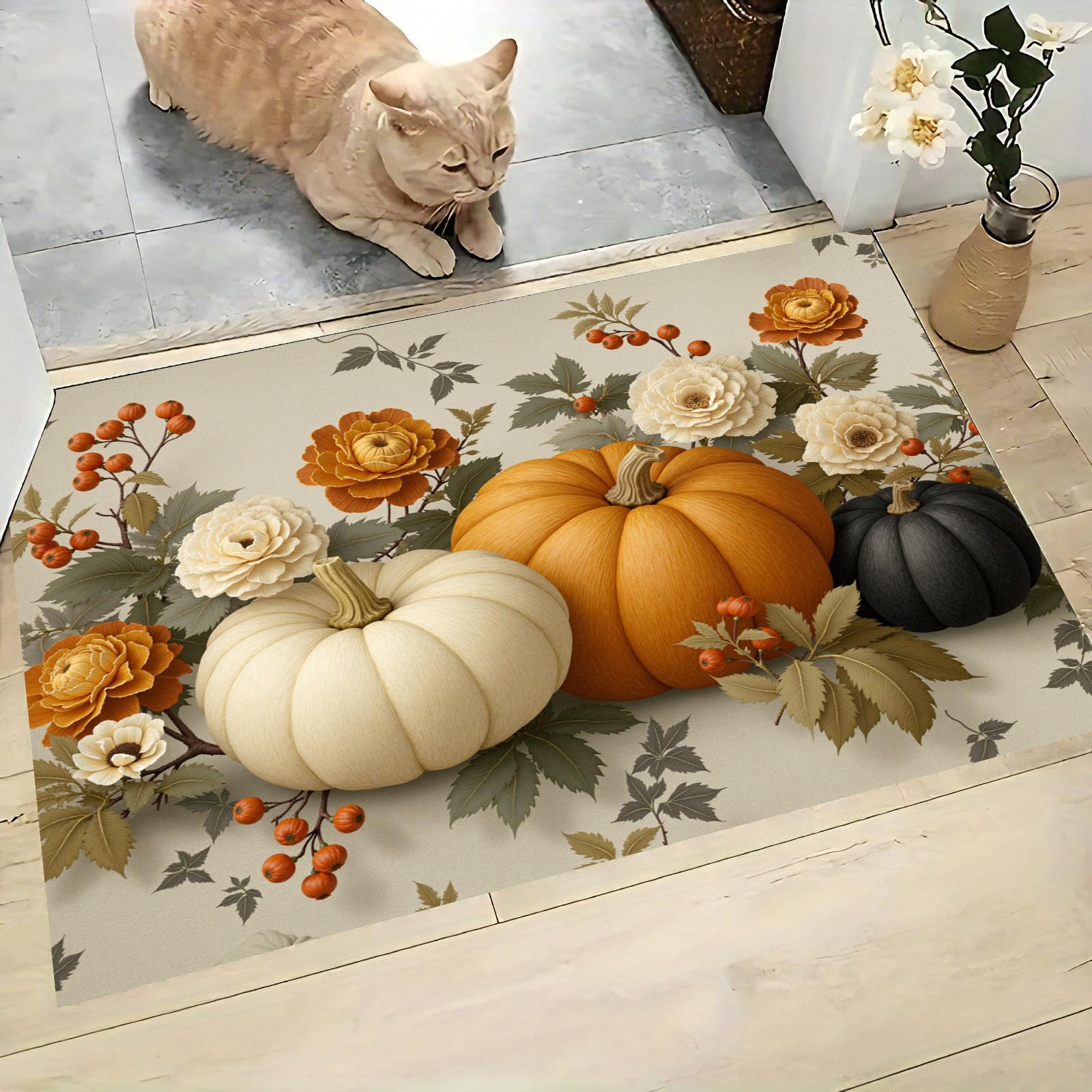 Kürbis Sonnenblume Fußmatte 80 X 120 cm, Ländliche Gegend Anti Rutsch Matte Waschbar Fussmatte | Kürbis Sonnenblumeteppich Für Flur Küche Haustiere - Beige