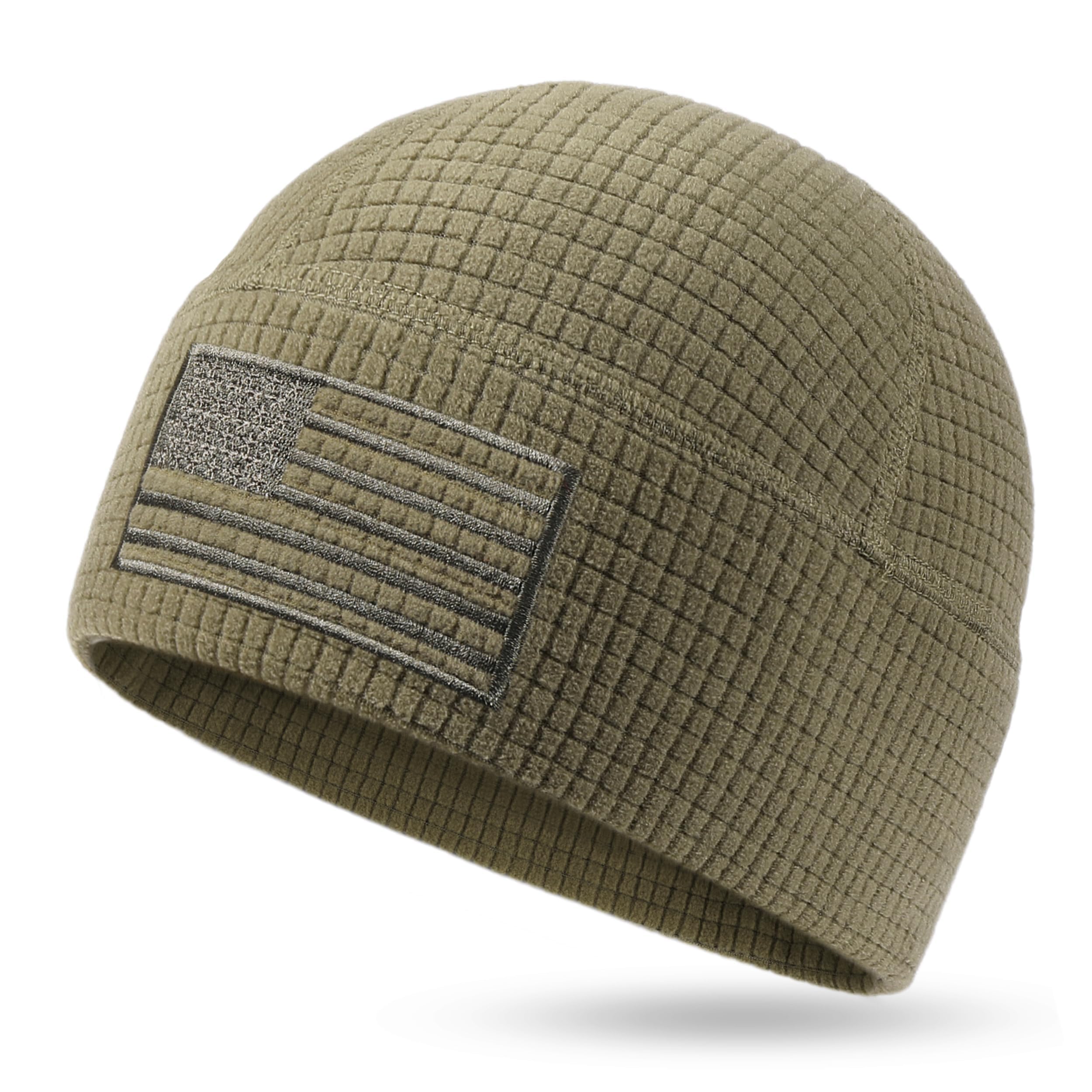 OUTDOOR SHAPING Grid Fleece Beanie with American Flag Embroidery Waffle Tactical Army Military Skull Cap