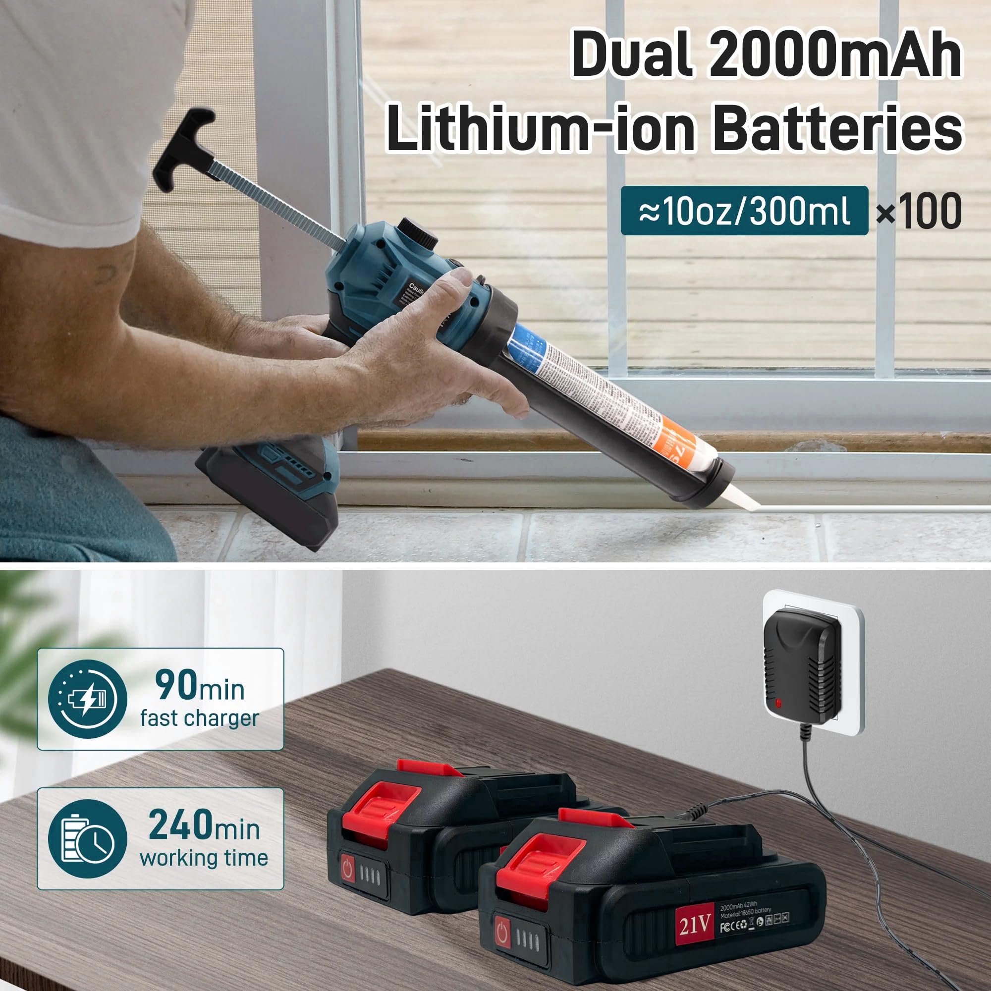 Pistola Silicona Bateria, Regulación de Velocidad Continua, Luz LED, Pistola Silicona Profesional para Cartuchos de 300 ml