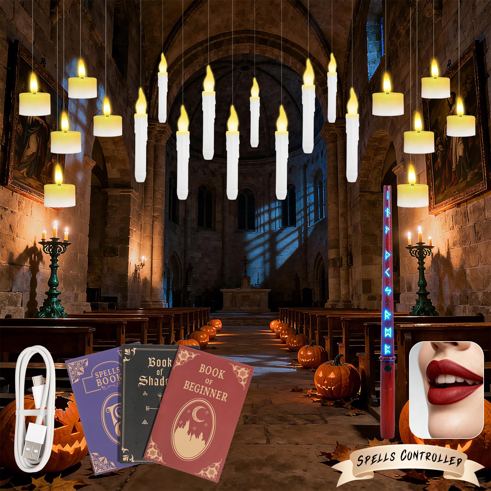 Lot de 20 bougies flottantes avec baguette - Décorations d'Halloween - Bougies d'intérieur à suspendre - Bougies d'Halloween à piles avec télécommande vocale