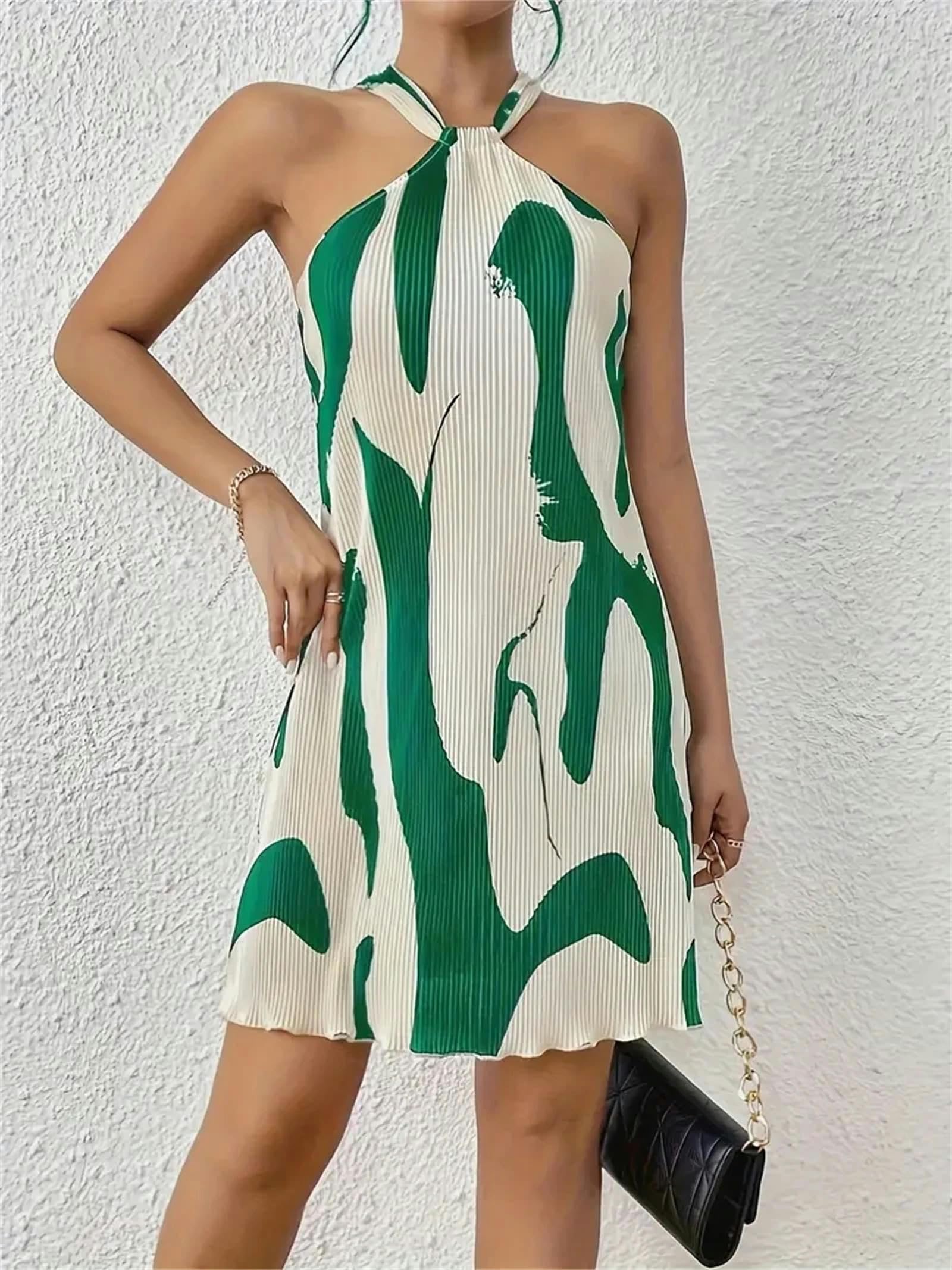 Sukienki damskie bez rękawów wiązany na szyi Vintage Print Halter sukienka na szyję damska sukienka biała i zielona-M