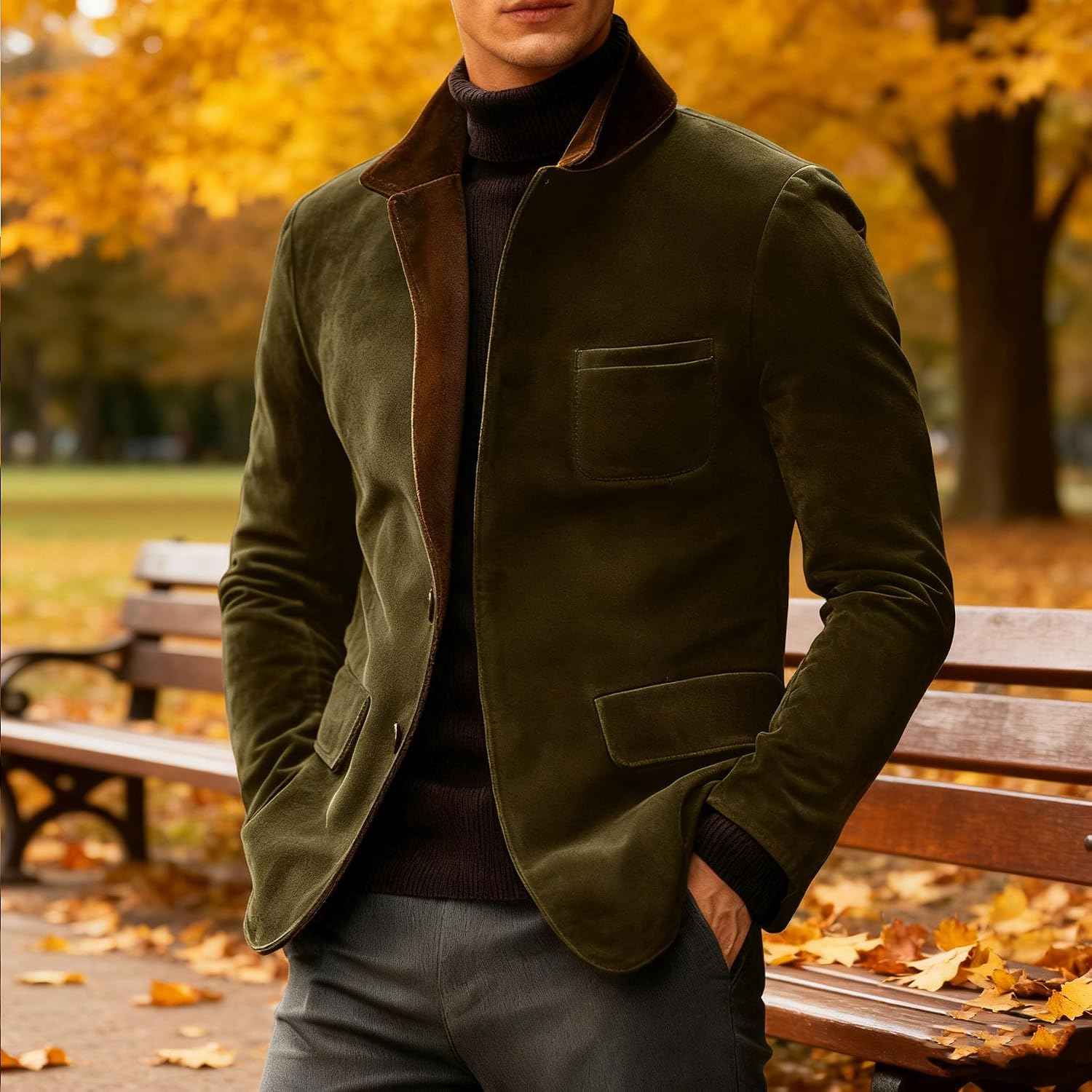 Men’s Vintage Faux Suede Blazer Stand Collar Single Breasted Casual Business Sport Coat Soft Touch Textured Jacket Tailored Fit