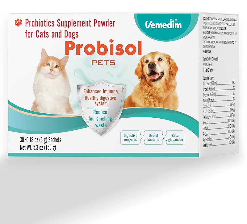 Probiótico em Pó para Cães e Gatos VEMEDIM com Enzimas Digestivas, Sabor Leite, 30 Sachês de 5,3 oz (150 g)