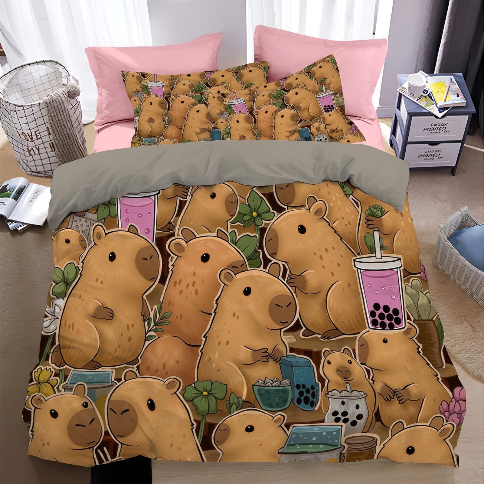 Housse de Couette Capybaras Amusants 140x200 Anti-Plis Lit 1 Personne