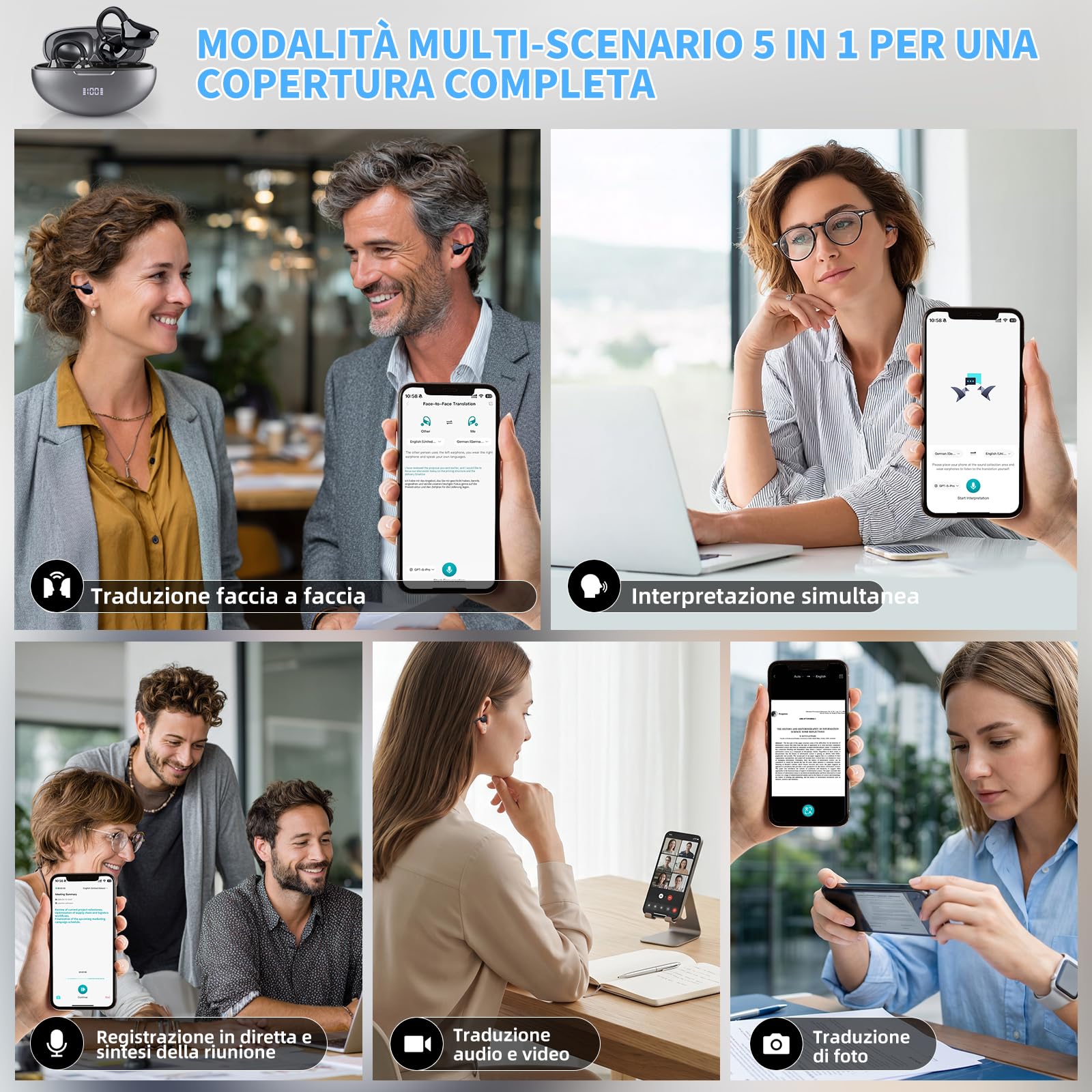 RAYGARD Cuffie Traduzione Simultanea, 2026 5 in 1 AI Cuffiette Traduttore Istantaneo Vocale con 154 Lingue e APP, Bluetooth 6.1 80H Auricolari Traduzione Tempo Reale per Viaggi Riunioni Studio, Nero