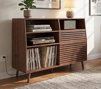 Mid Century Record Player Stand, Large Vinyl Turntable Console with Doors, Charging Station, 451 Albums Capacity Media Storage Shelf, Entertainment Center for Living Room, Bedroom, Walnut