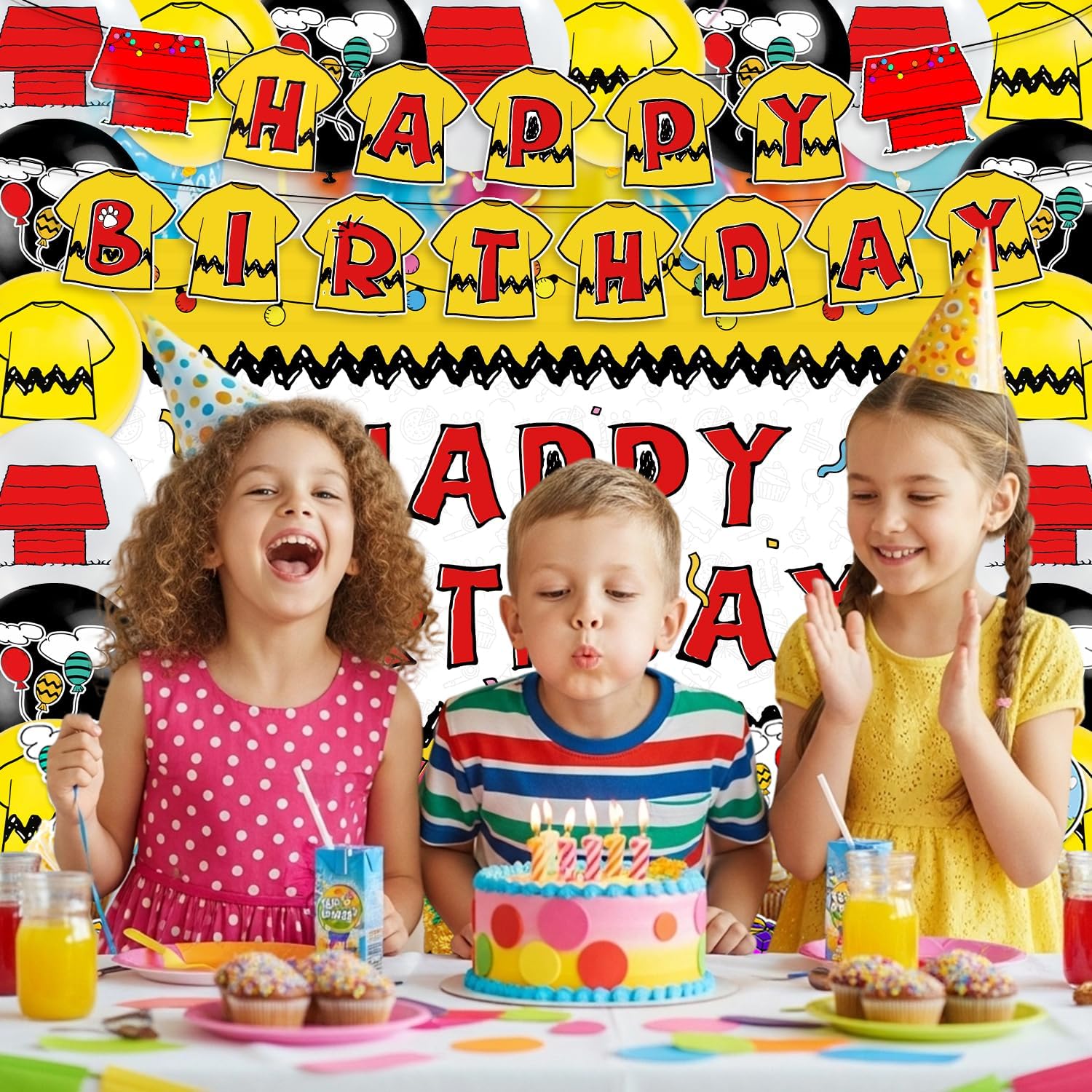 42Pcs Cartoon Dog Red House Birthday Party Decorations Include Cake Topper Cupcake Toppers Red House Happy Birthday Party Flag Banner and Balloons Backdrop
