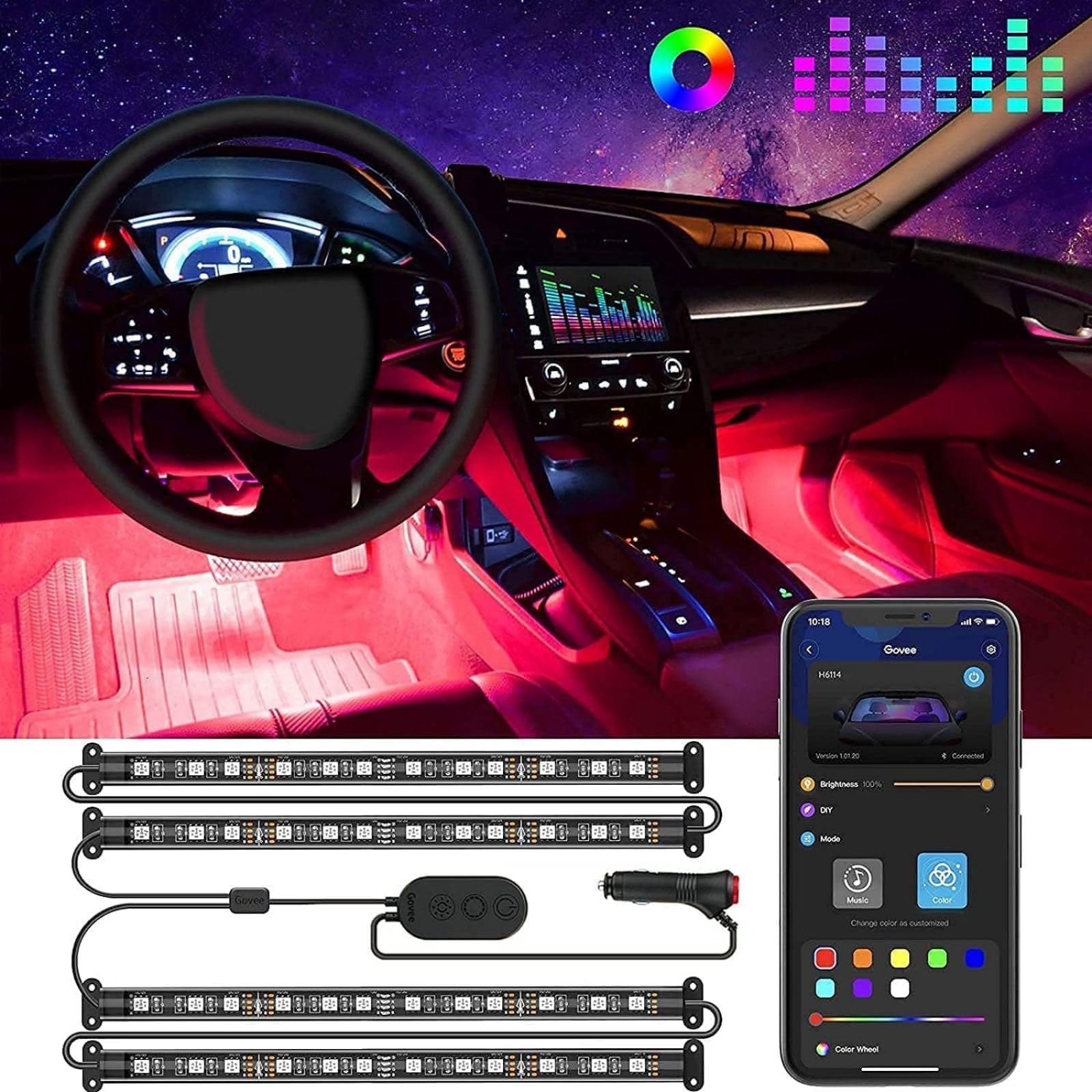 Govee RGB LED Innenbeleuchtung Auto, 4pcs 48 Strip, Upgrade Zwei-Linien-Design, Wasserdicht APP Steuerbare Mehrfarbig Musik mit Zigarettenanzünder,12V
