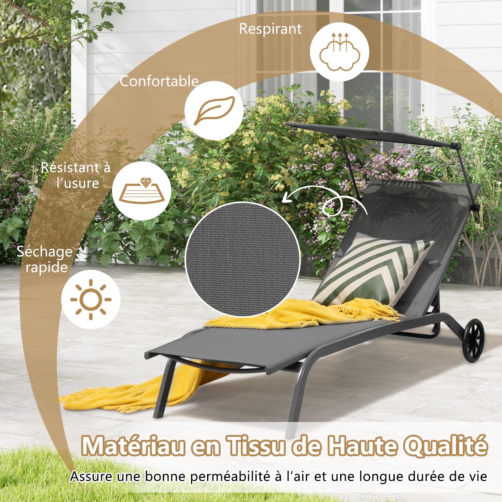 GOPLUS Transat Jardin Exterieur avec Pare-Soleil Réglable et Porte-gobelet, 165 x 61 x 96, Bain de Soleil avec Dossier Réglable 6 Niveaux avec roulettes pour Piscine, Jardin, Charge 150KG (Gris)