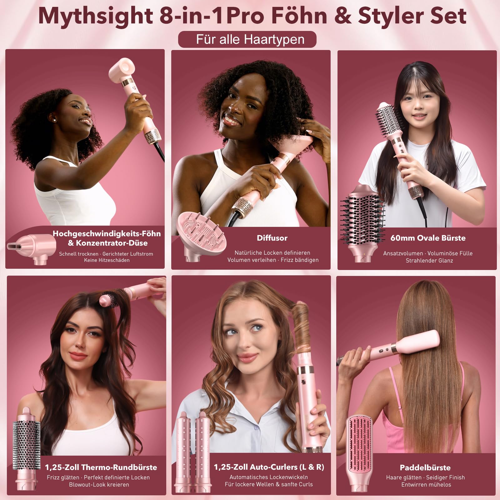 Mythsight StyleVibe 8-in-1 Airstyler mit Diffusor-Haartrockner, automatischen Lockenwicklern, Thermobürste, Reisetasche
