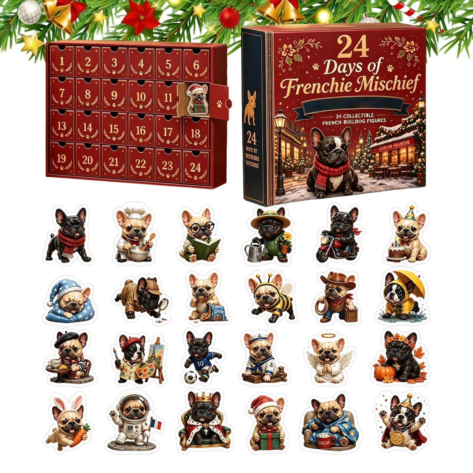Calendario natalizio per conto alla rovescia dell'Avvento 2D piatto Bulldog