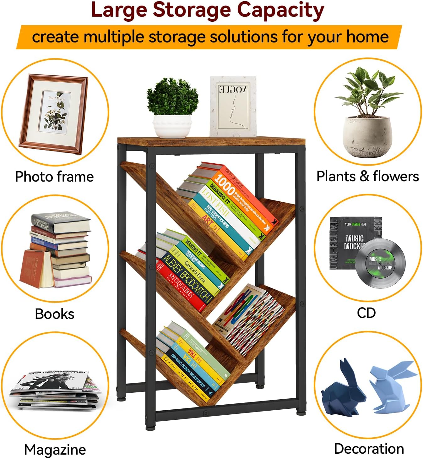 IBUYKE 5 Tier Tree Bookshelf, Small Desktop Bookshelf with Storage Organizer,for Books/CDs/Movies,Desk Display Bookcase for Bedroom Living Room,Rustic Brown,TBC003H