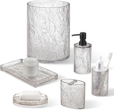 RQYIXI 6 Piece Bathroom Accessories Set, Clear Black Resin | Glass look resin design with a smooth exterior and bark textured interior for an elegant modern touch