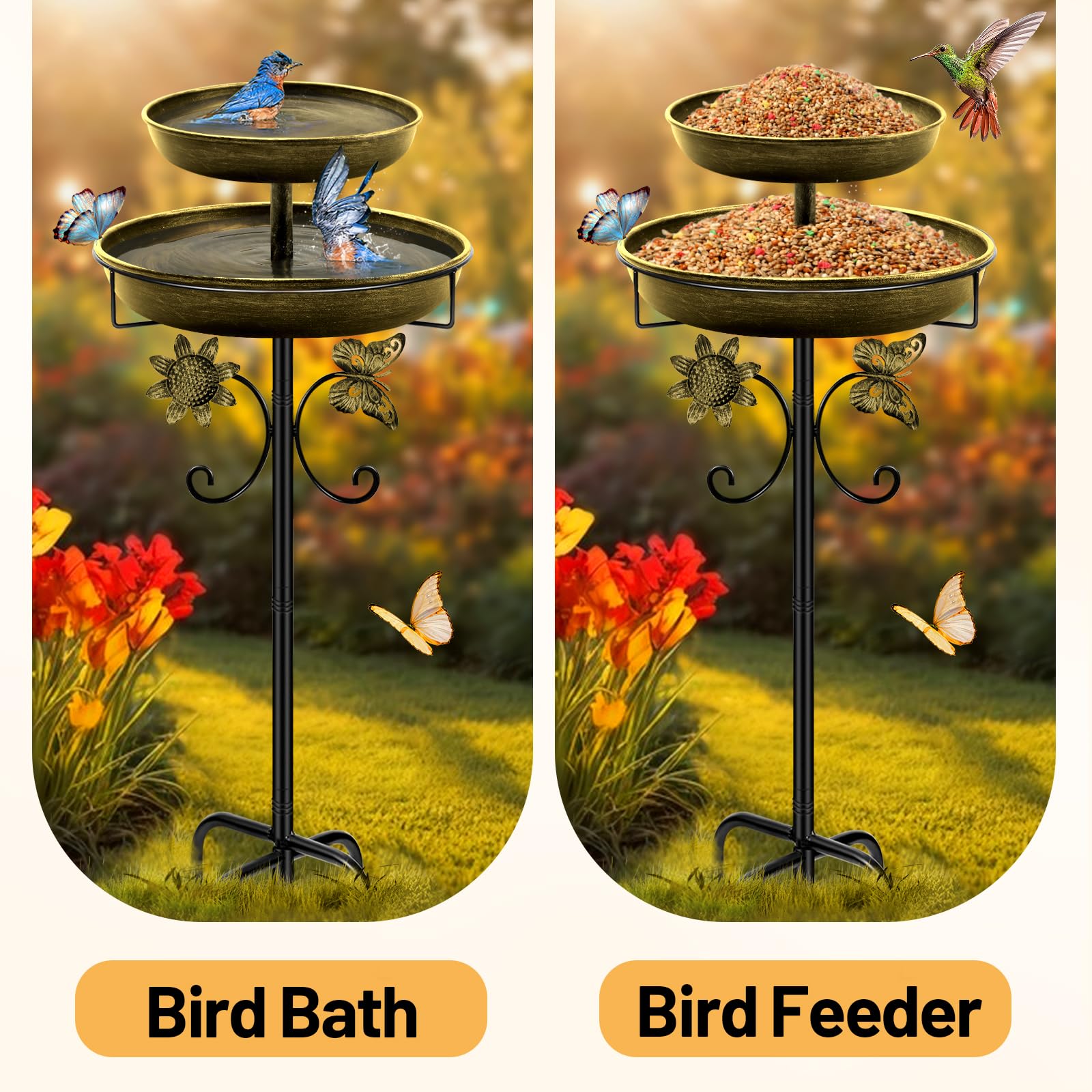 Mngren Abbeveratoio per uccelli in piedi, per esterni, giardino, 2 in 1, in metallo, per uccelli, per uccelli, antiche abbeveratoio per uccelli (oro antico)