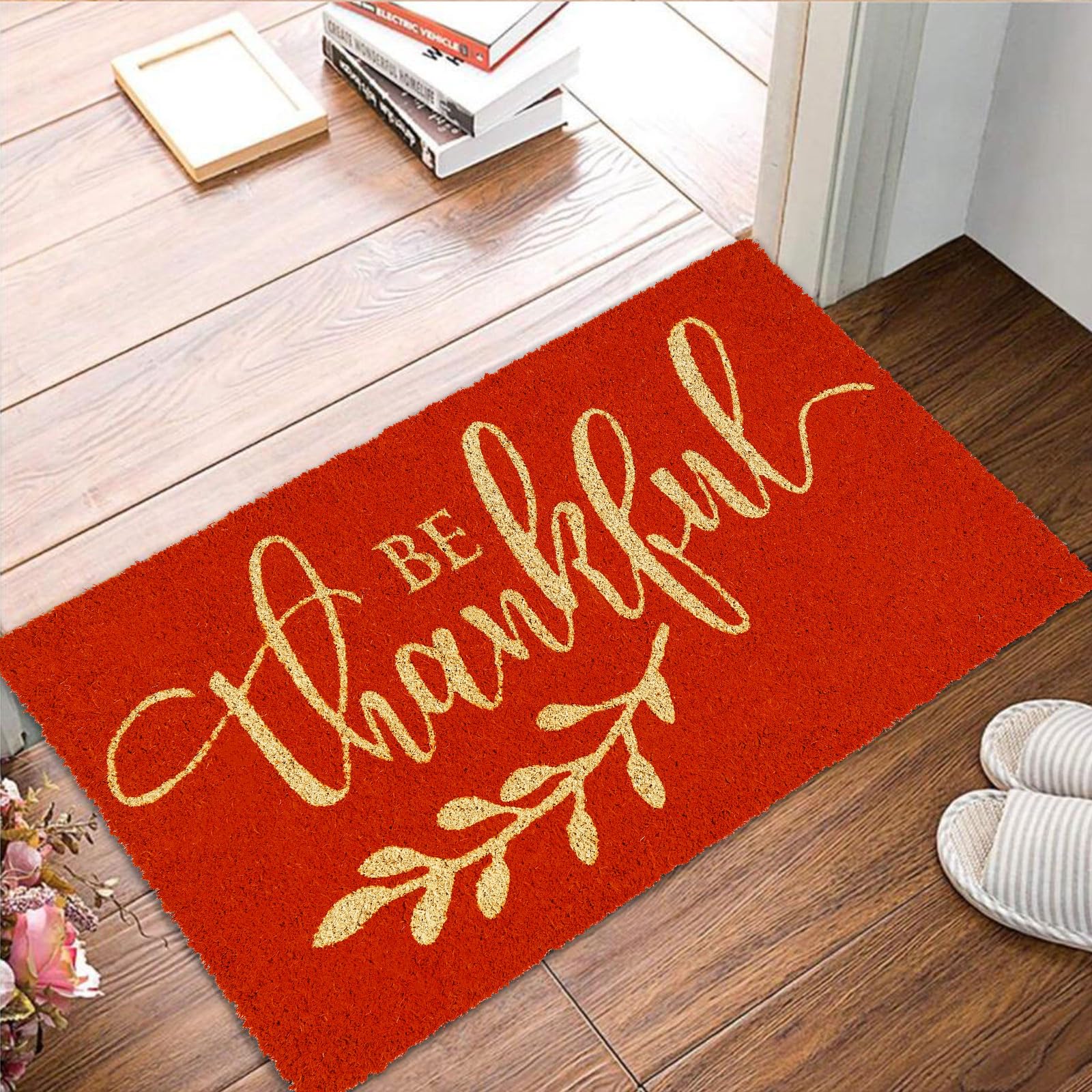 AnyDesign Thanksgiving Natural Coir Doormat Be Thankful Door Mat Non-Slip Farmhouse Floor Mats for Fall Autumn Front Door Outdoor Bathroom Porch Decor, 16.5 x 29 Inch